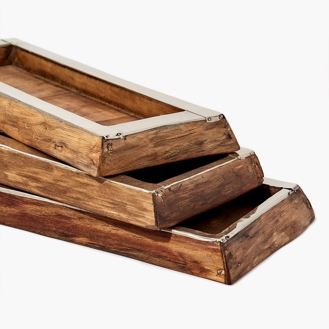 Rechteckige Chalten Mini-Tabletts aus Holz und Alpaka-Silber, Set (Organische Moderne) im Angebot