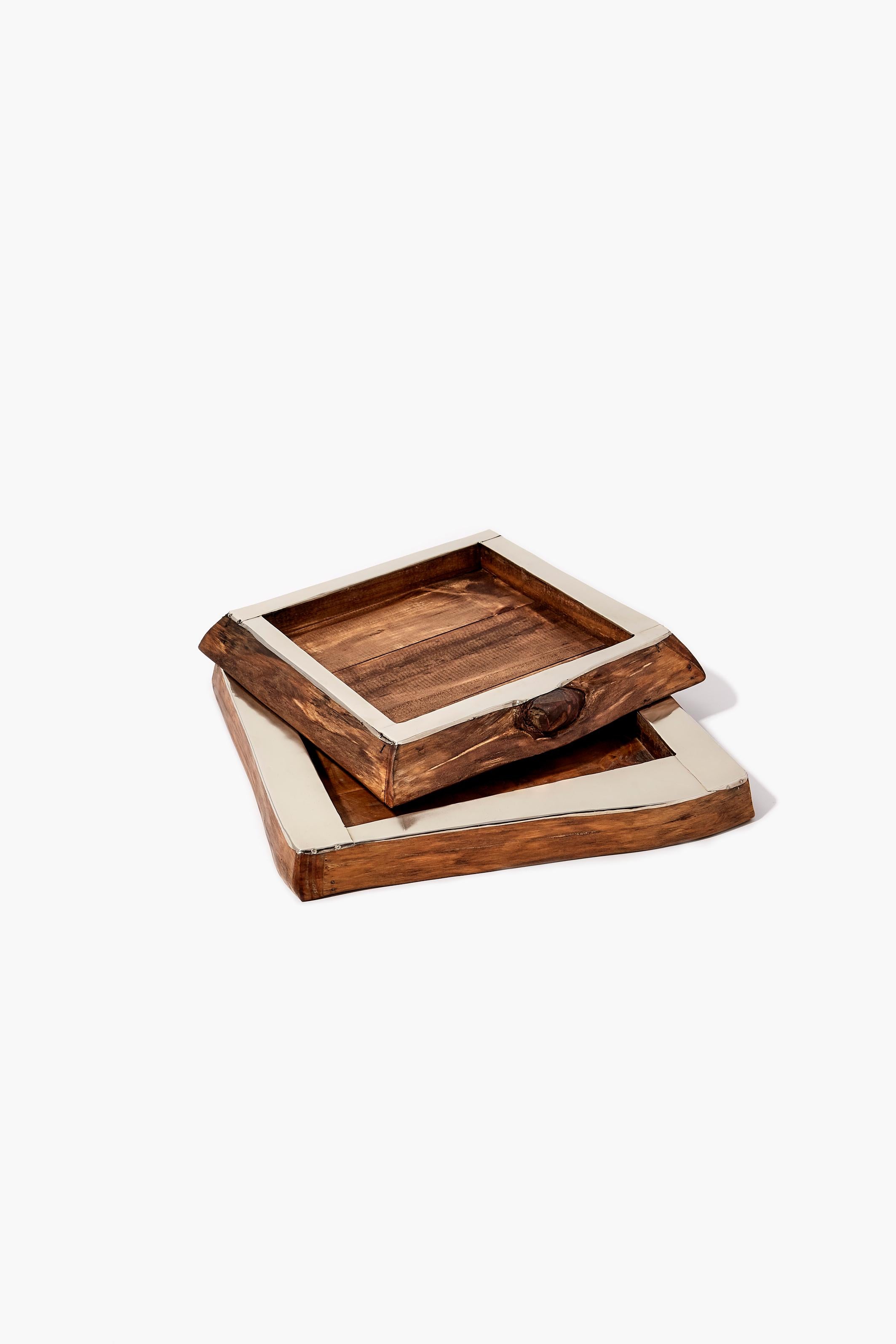 Argentine Set of 2 Chalten Mini Wood & Alpaca Silver Square Trays For Sale