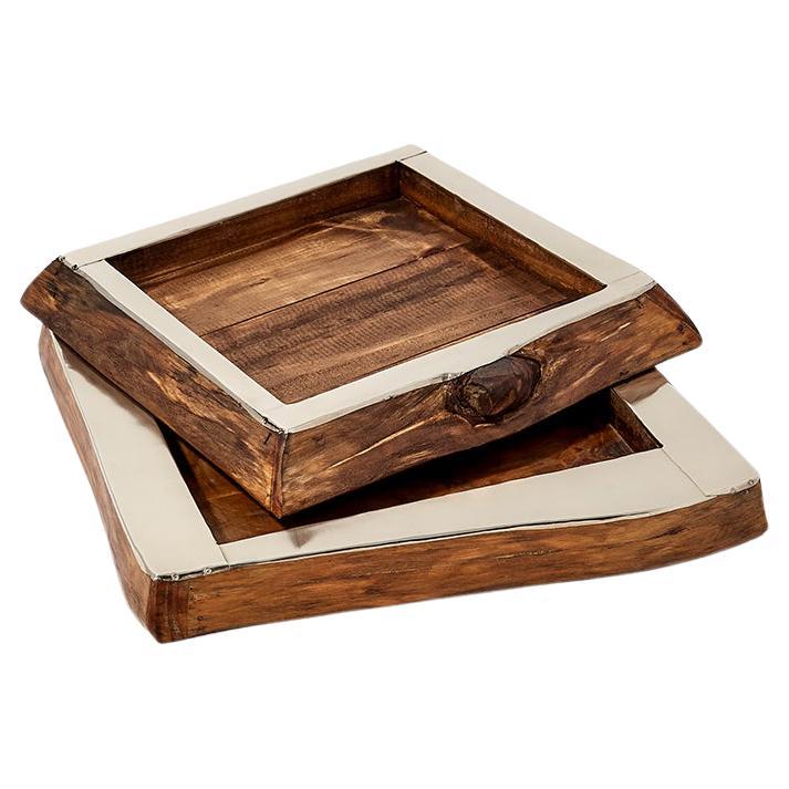 Quadratisches Tablett aus Chalten Mini-Holz und Alpaka Silber im Angebot