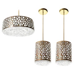 Set Chandelier and 2 Pendant Lights, Patinated Brass Glass, Rupert Nikoll, 1960
