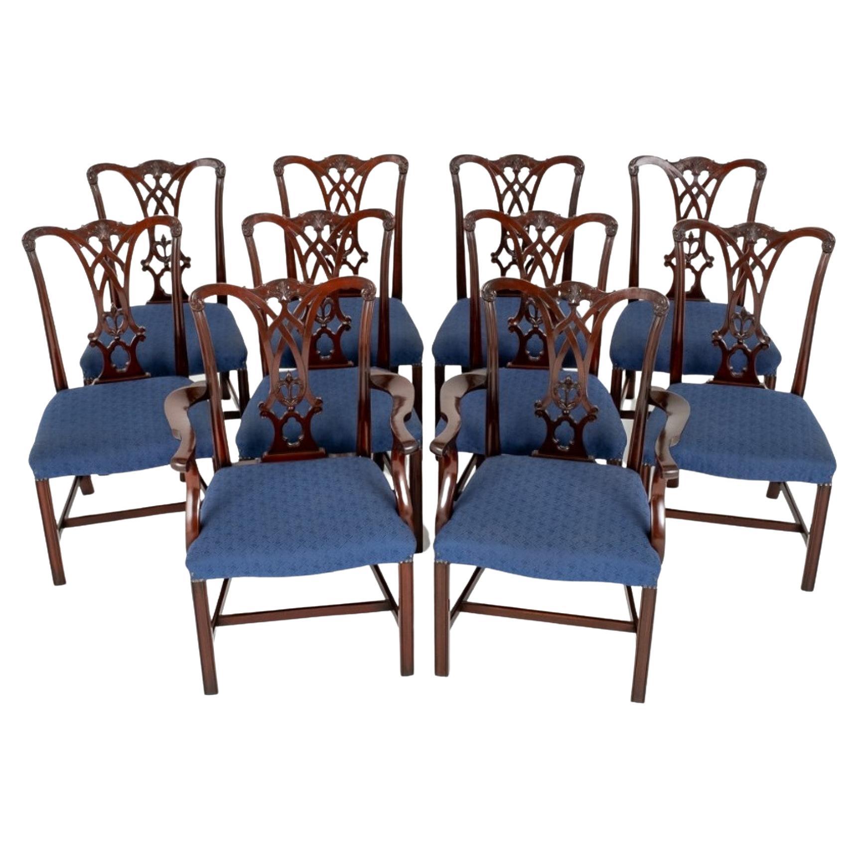 10 Chippendale Revival Mahogany Dining Chairs, circa 1900 For Sale at