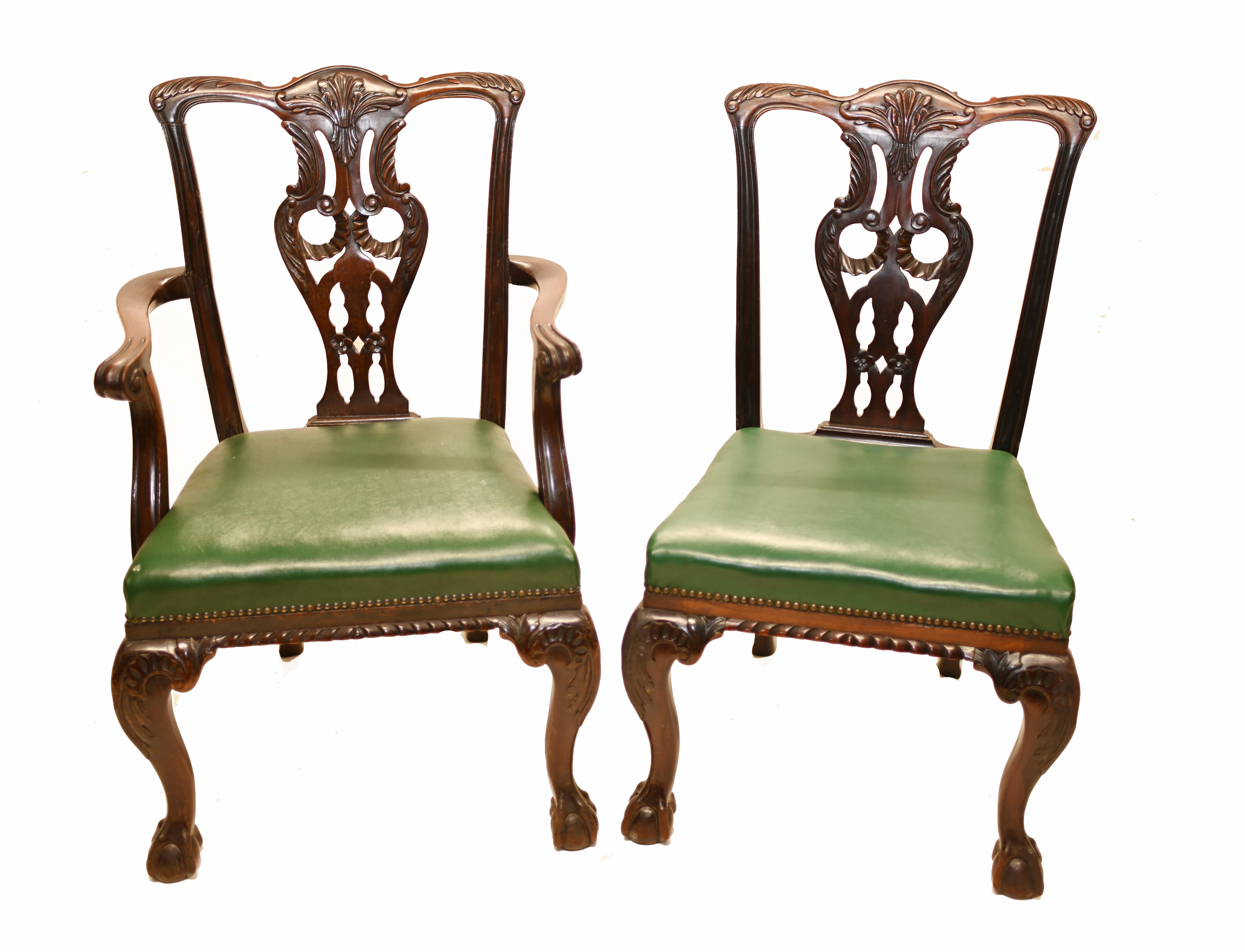 A superb quality set of ten Chippendale chairs in mahogany with leather seats. 
The chairs are stamped by Shoolbred & Co.
James Shoolbred was established in the 1820 at Tottenham Court Road, London. 
Shoolbred was granted a Royal Warrant by the