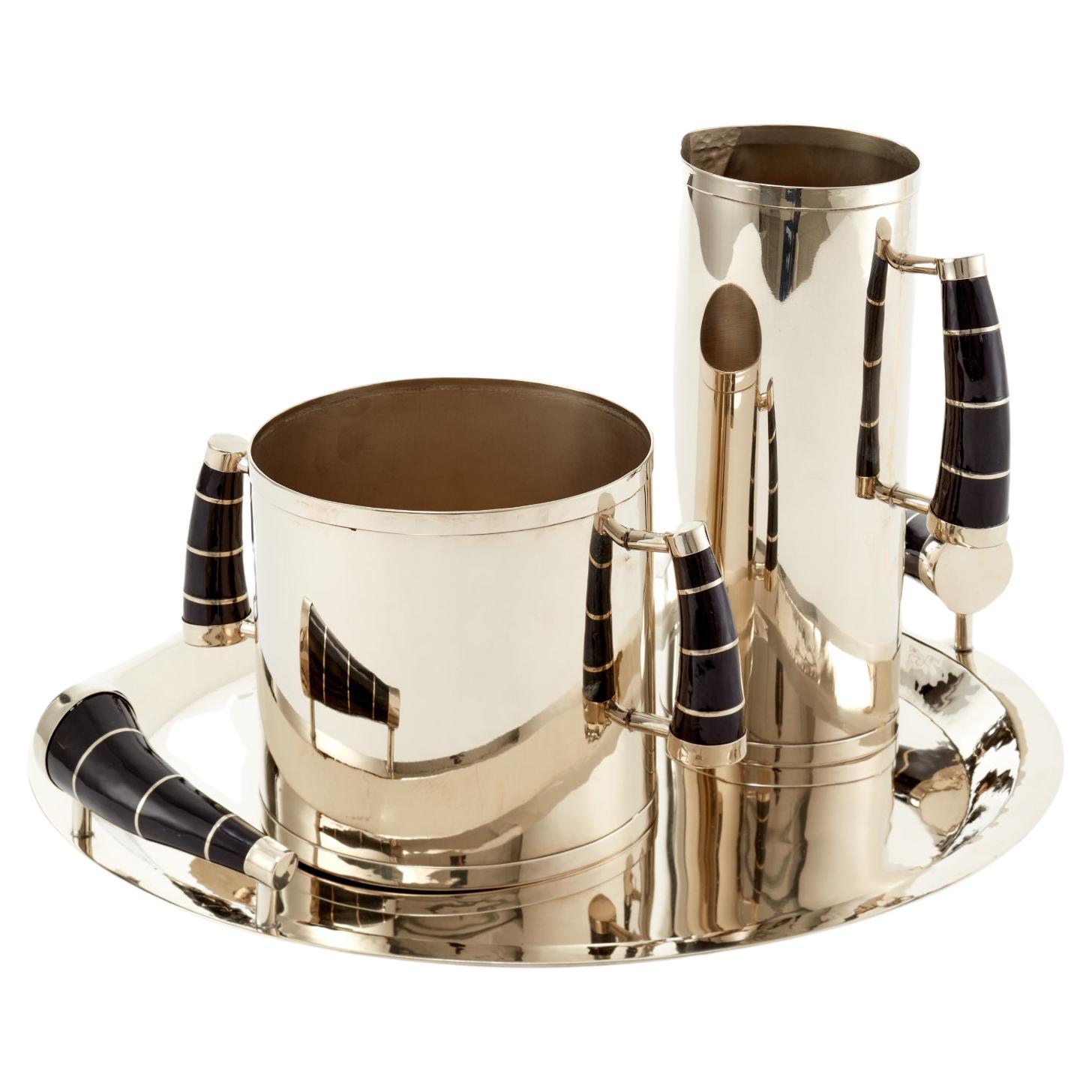 SET Chubut Champagne Bucket, Tray, Pitcher, Alpaca Silver & Black Horn For Sale