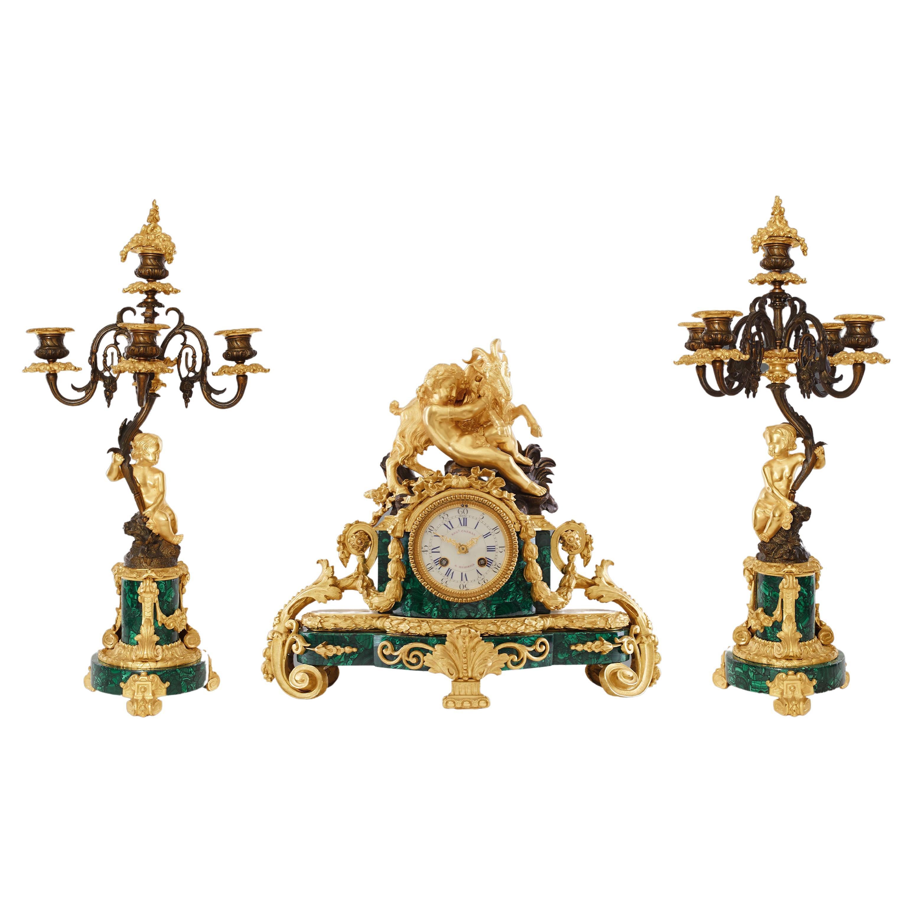 Set Clock and Candelabra, 19th Century, Louis Philippe Charles X Styl For Sale