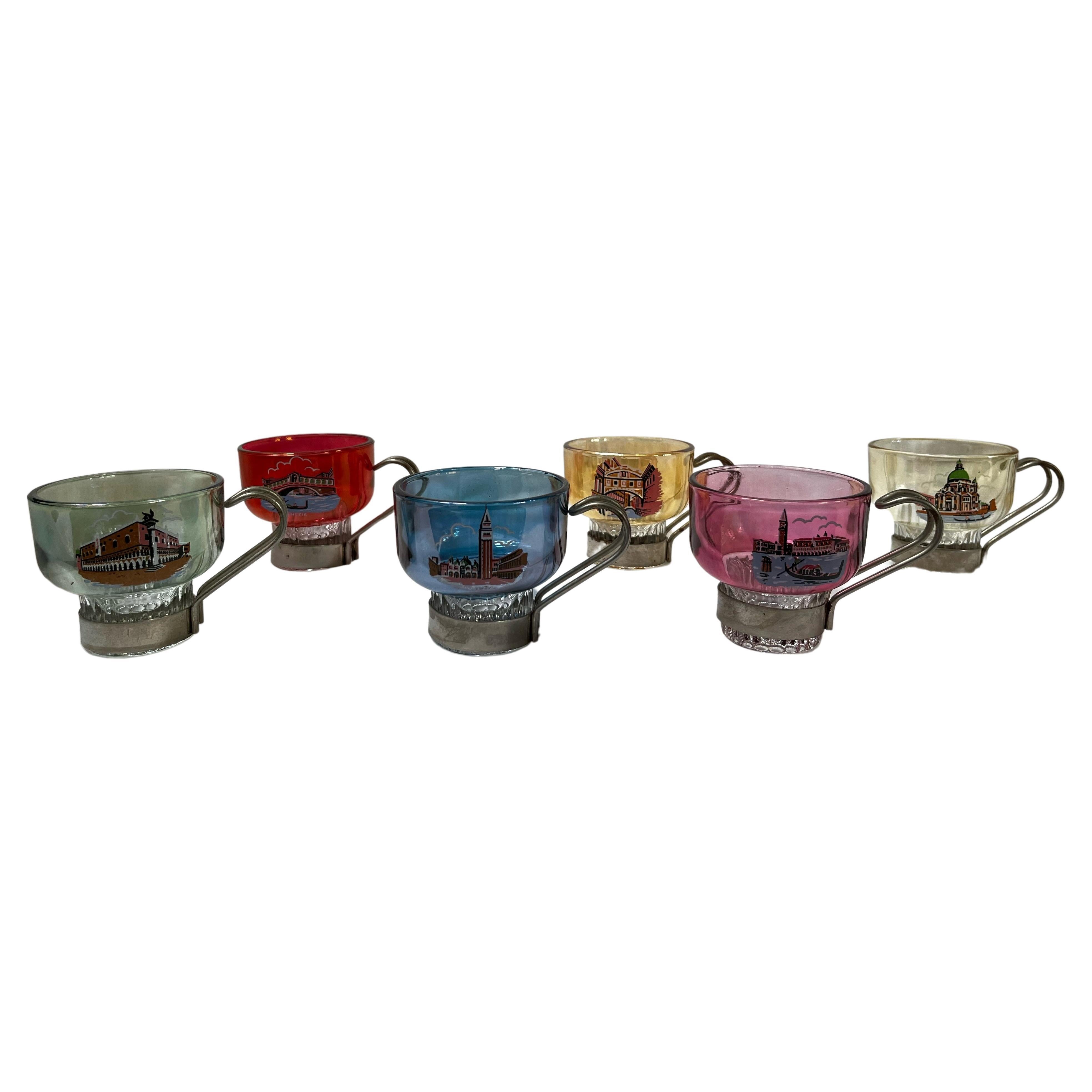 Set Coffee / Tea Cups / Mugs, 6 Pieces, Sights of Venice, 1950s, Venice, Italy For Sale