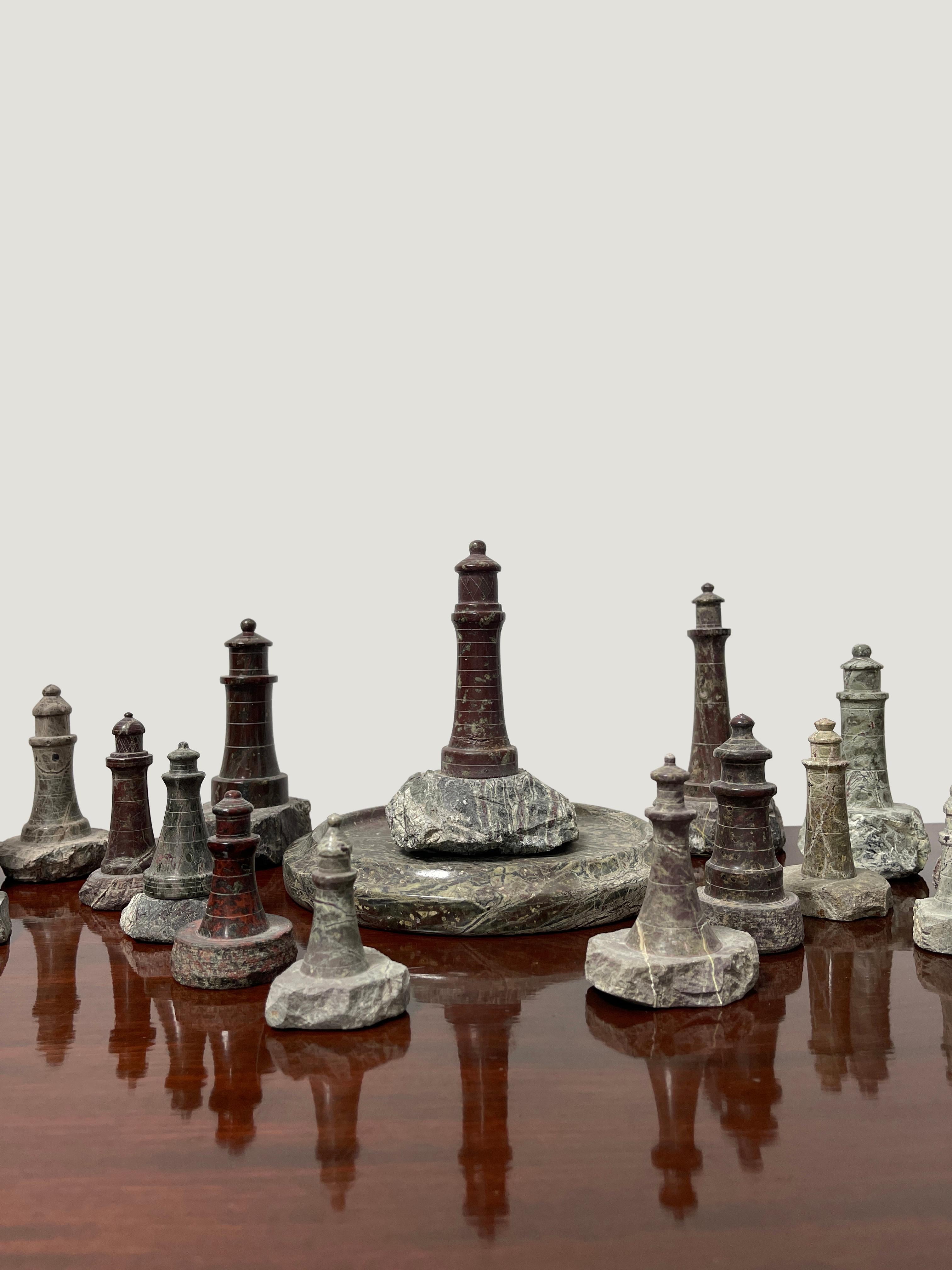 - A wonderful collection of Cornish serpentine stone lighthouses, English circa 1950. 
- There are 19 heavy stone models in total, each with their own unique design and all in original complete condition, rare to have all their tops intact. 
-