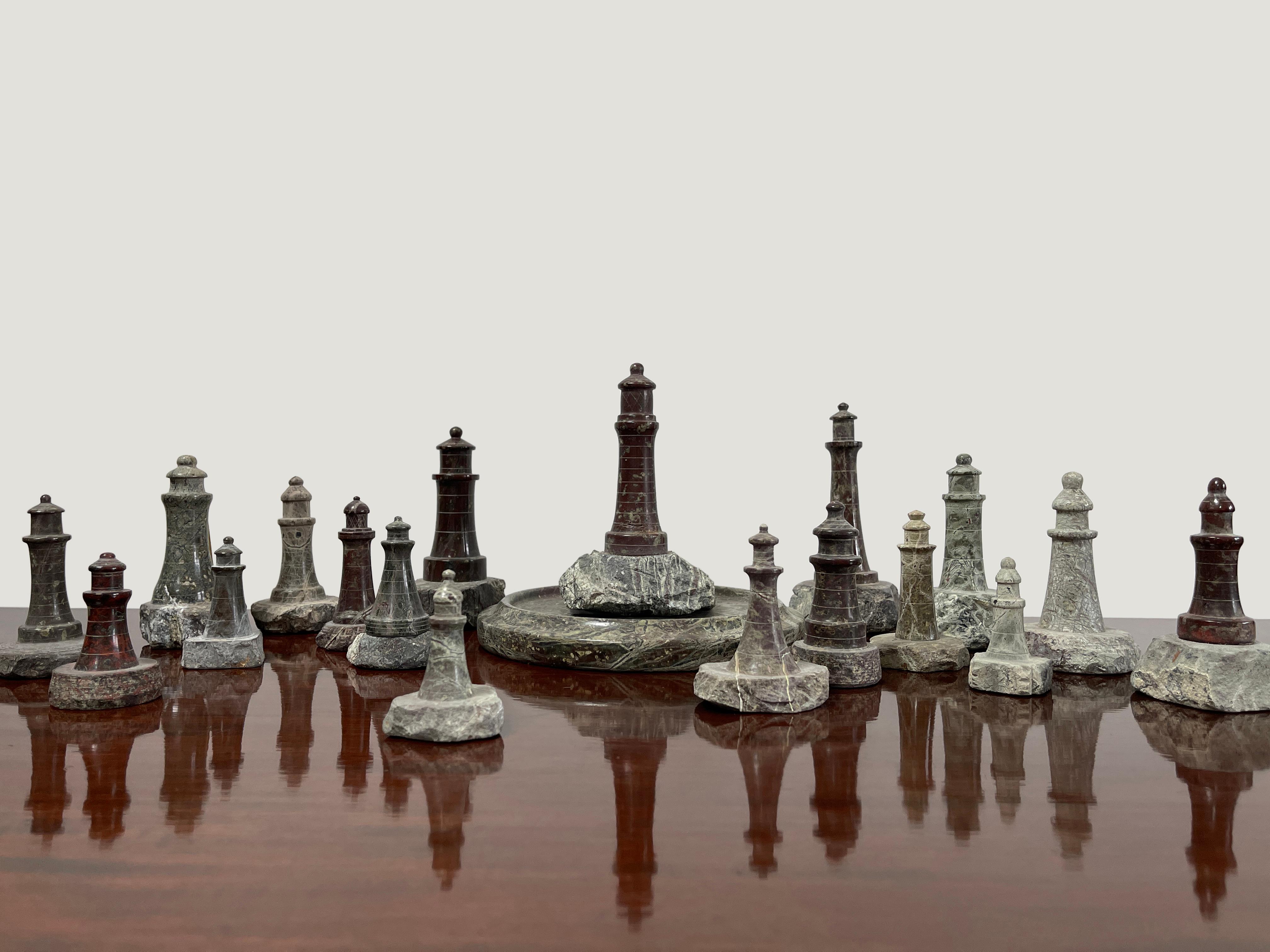 Set Collection Antique Decorative Cornish Serpentine Stone Sculpture Lighthouses In Good Condition For Sale In Sale, GB