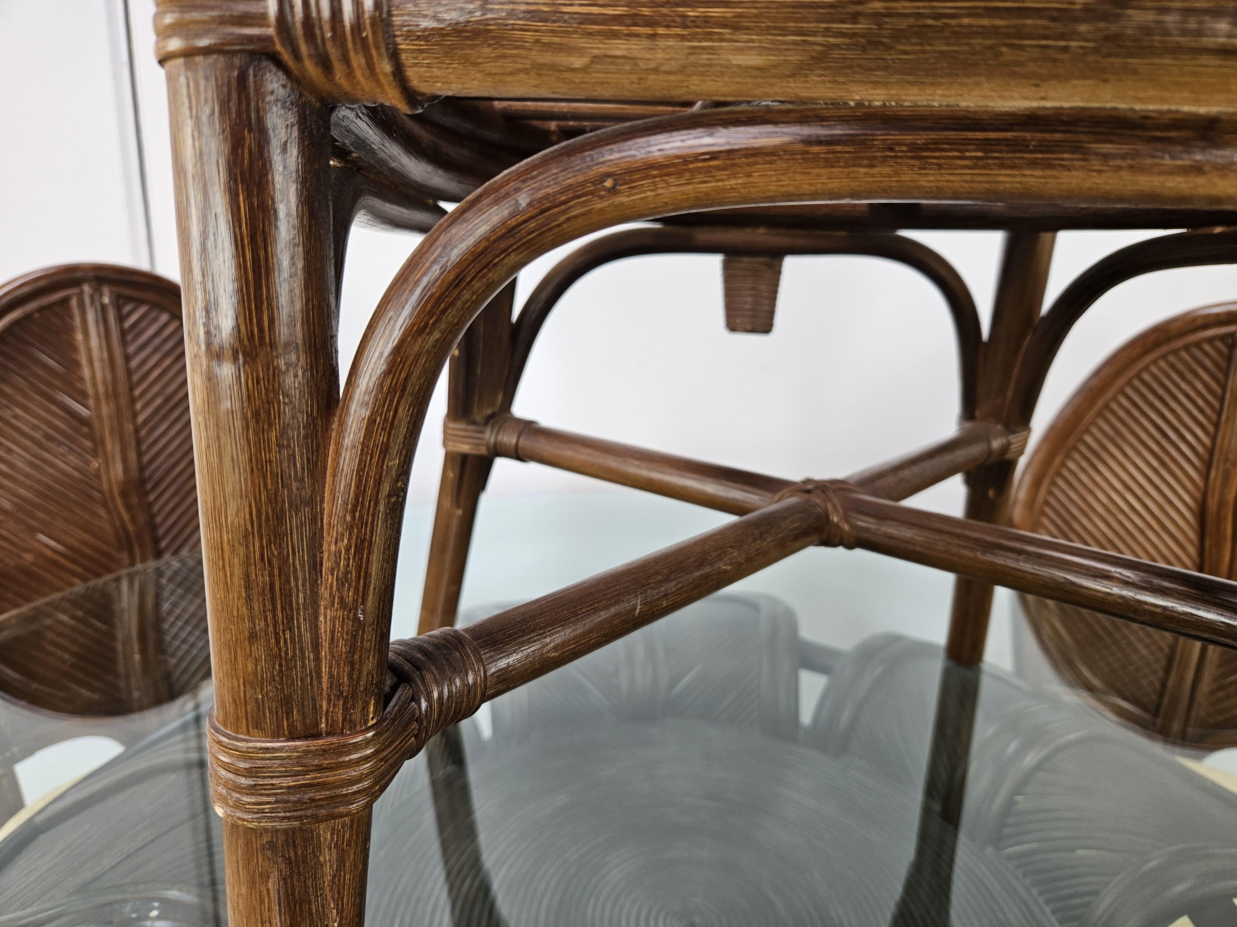 Set with wicker and bamboo table and four chairs by Vivai Del Sud 1970s For Sale 11
