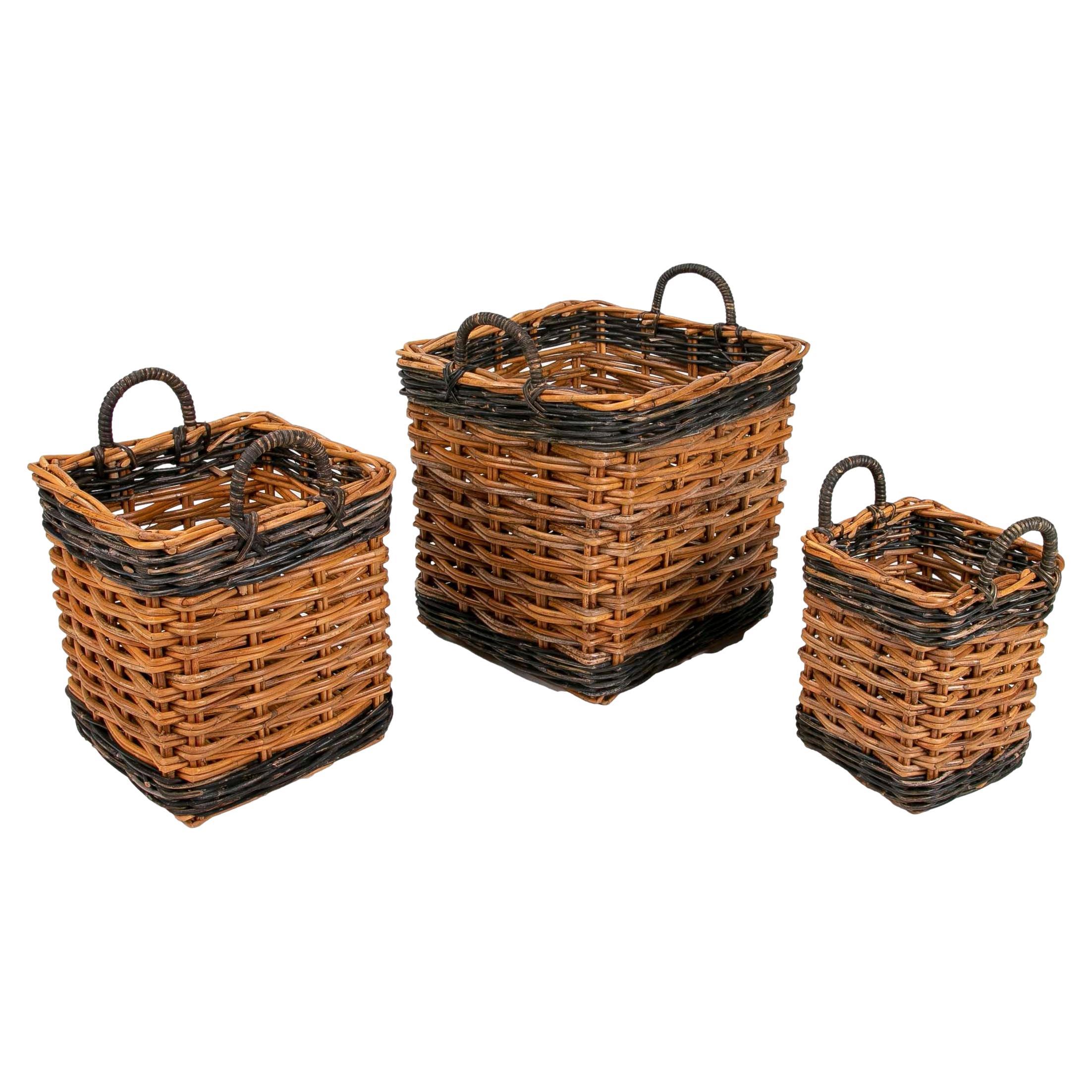 Set Consisting of Three Handmade Wicker Baskets For Sale