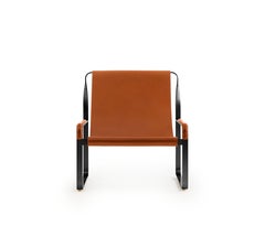 Set Contemporary Chaise Lounge & Footstool Black Metal Natural Tan Leather