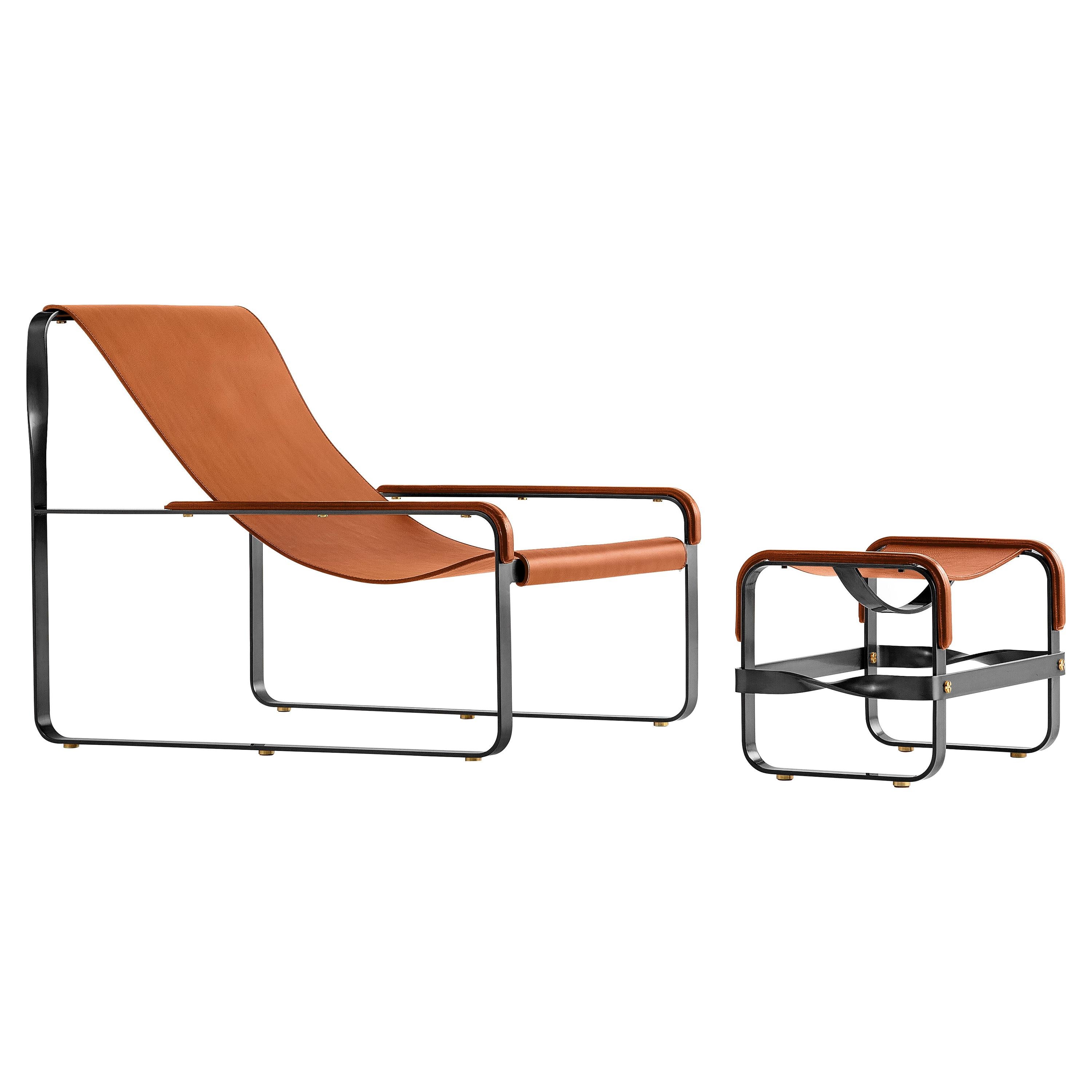 Set Contemporary Chaise Lounge & Footstool Schwarzes Metall Natürliches Tan Leder