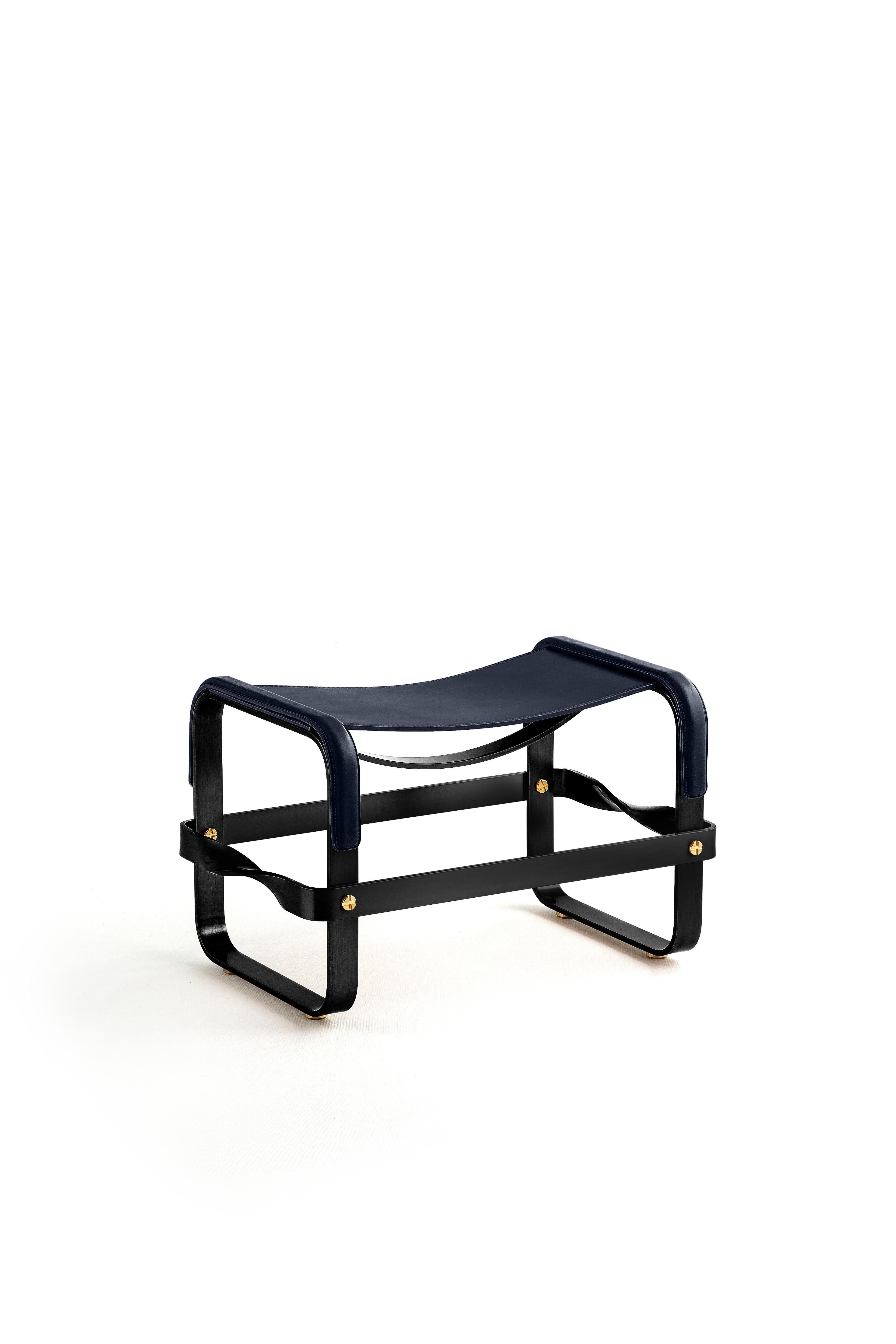 Vegetable Dyed Set Contemporary Chaise Lounge & Footstool Black Metal & Navy Blue Leather For Sale