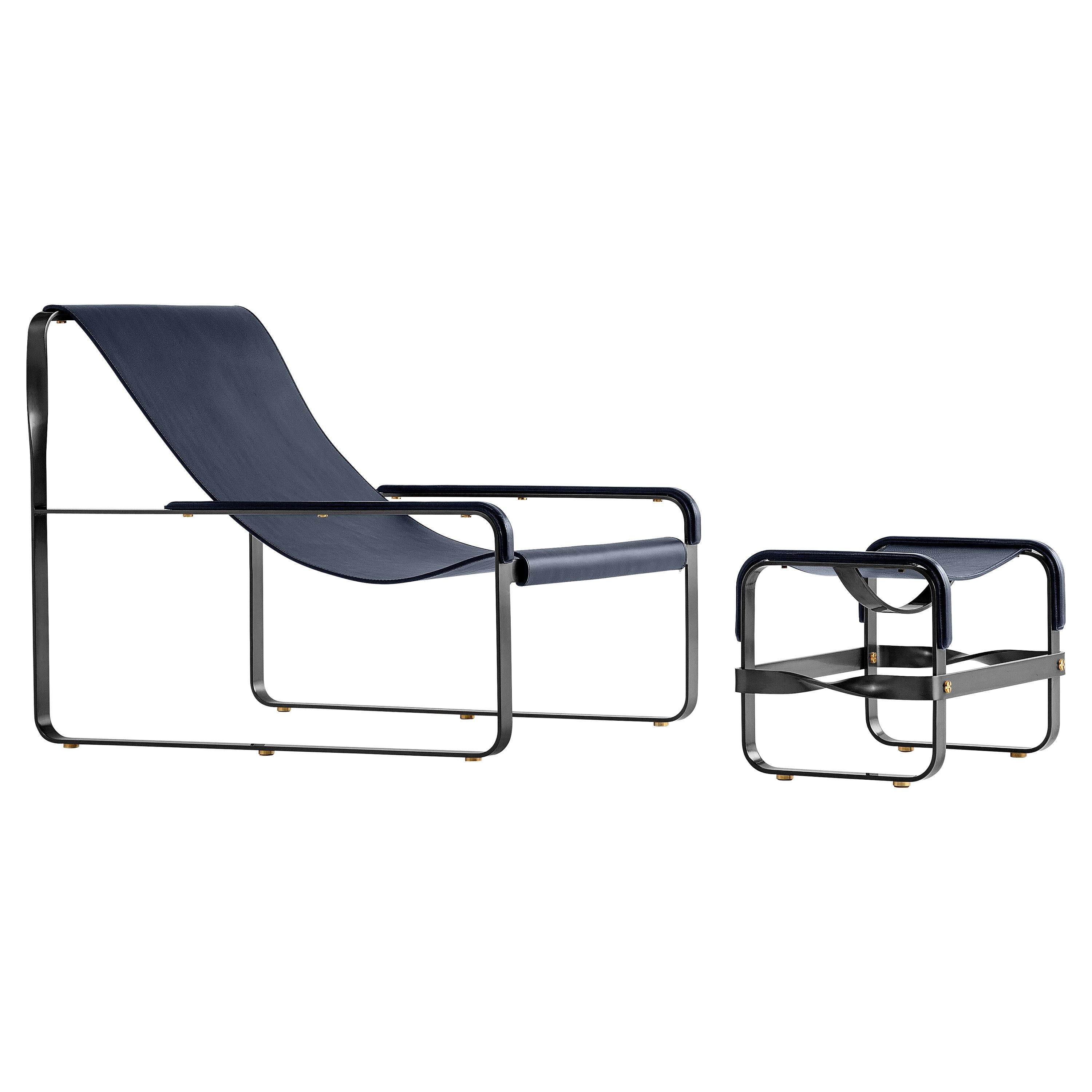Set Contemporary Chaise Lounge & Footstool Black Metal & Navy Blue Leather For Sale