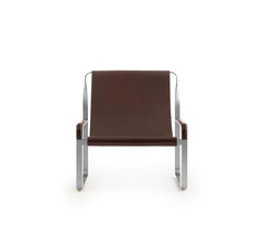 Set Contemporary Chaise Lounge & Footstool Old Silver Steel & Dark Brown Leather