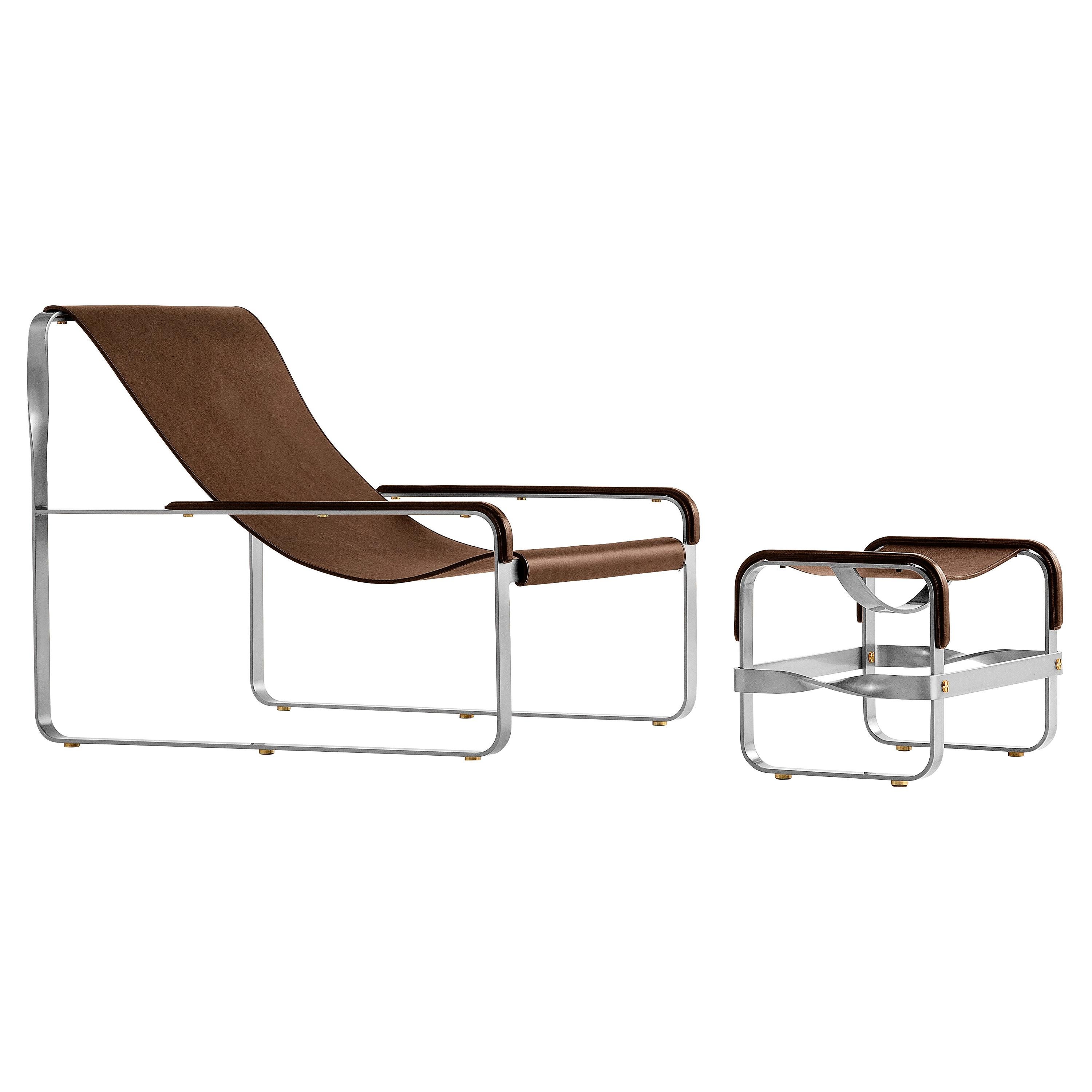 Set Contemporary Chaise Lounge & Footstool Old Silver Steel & Dark Brown Leather For Sale