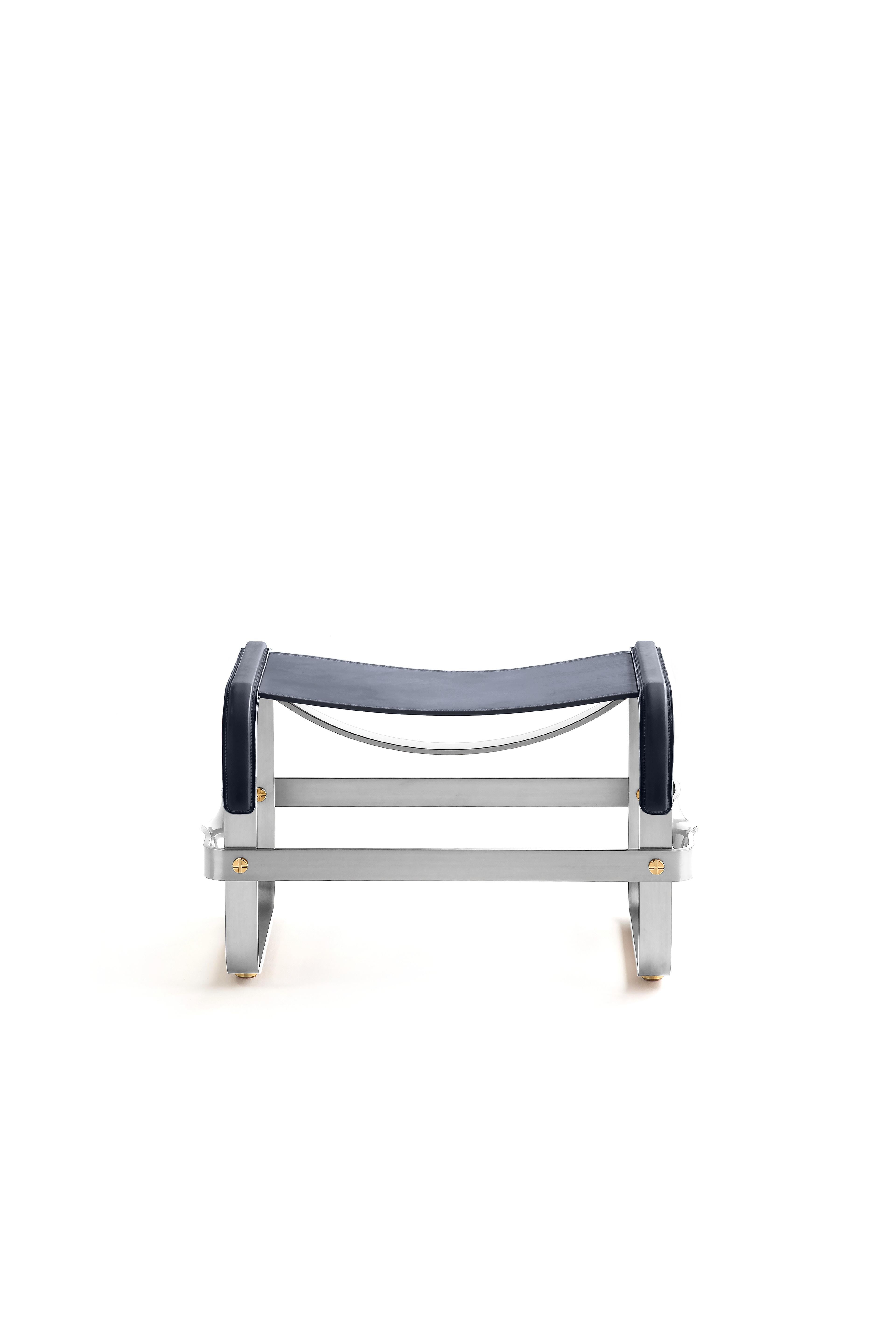 Spanish Set Contemporary Chaise Lounge & Footstool Old Silver Metal & Navy Blue Leather For Sale