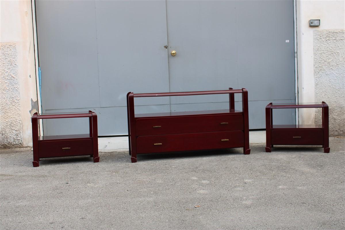 Bedroom dresser and nightstands set in Red Lacquer Tommaso Barbi 1970 brass For Sale 11