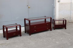 Bedroom dresser and nightstands set in Red Lacquer Tommaso Barbi 1970 brass