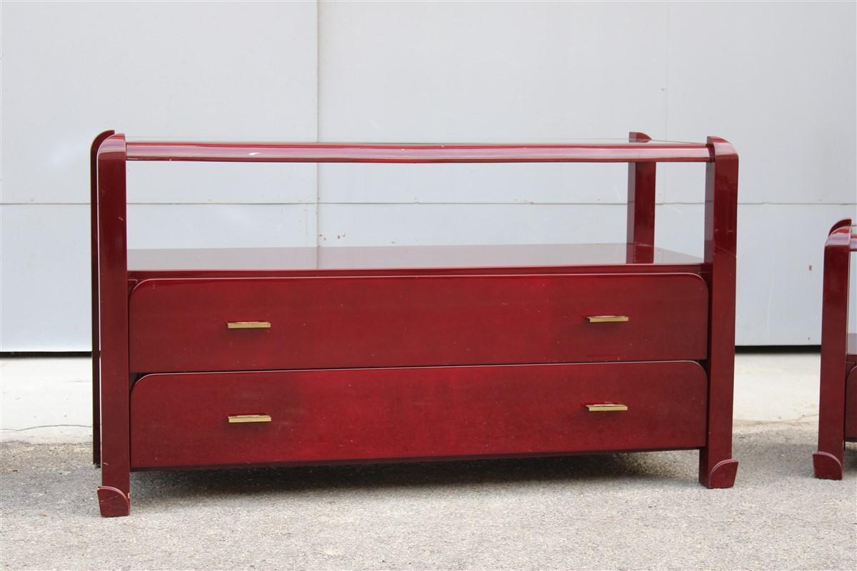 Modern Bedroom dresser and nightstands set in Red Lacquer Tommaso Barbi 1970 brass For Sale