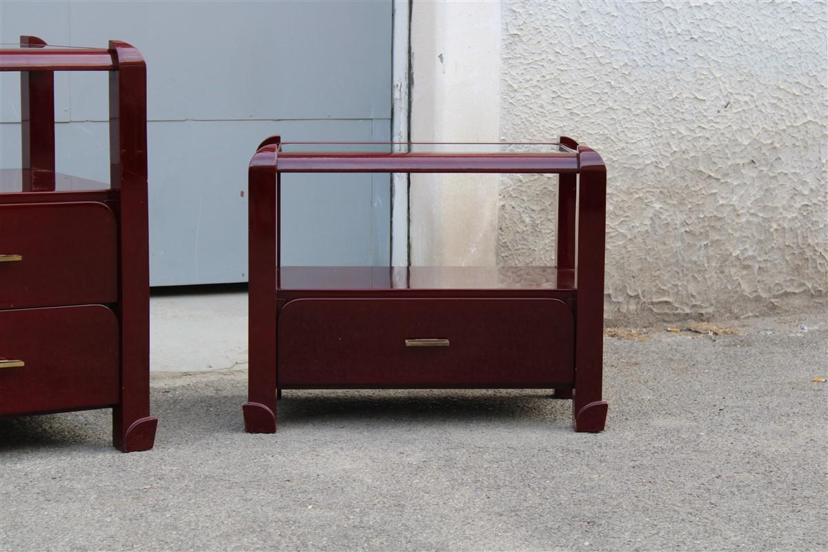 Italian Bedroom dresser and nightstands set in Red Lacquer Tommaso Barbi 1970 brass For Sale