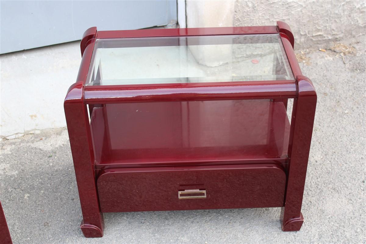 Late 20th Century Bedroom dresser and nightstands set in Red Lacquer Tommaso Barbi 1970 brass For Sale