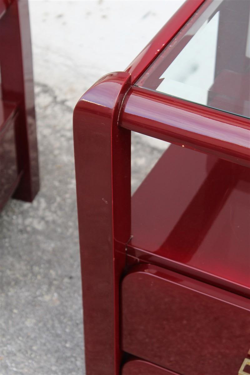 Bedroom dresser and nightstands set in Red Lacquer Tommaso Barbi 1970 brass For Sale 1