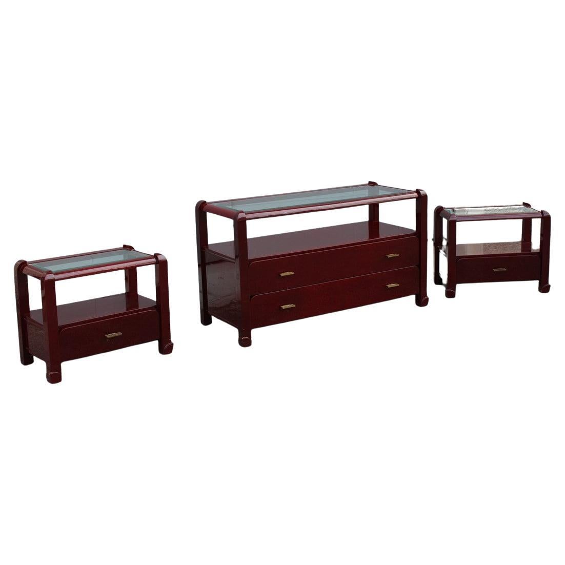 Bedroom dresser and nightstands set in Red Lacquer Tommaso Barbi 1970 brass