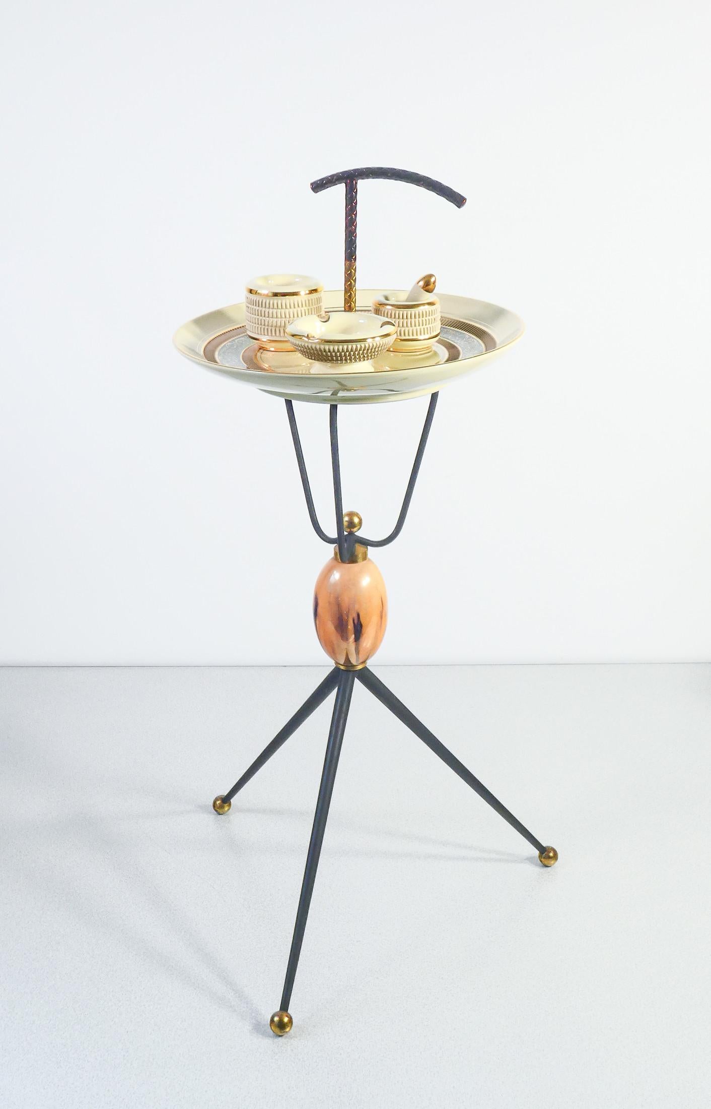 Italian Ceramic and metal smoking set on tripod table. Italy, 1950s/60s For Sale
