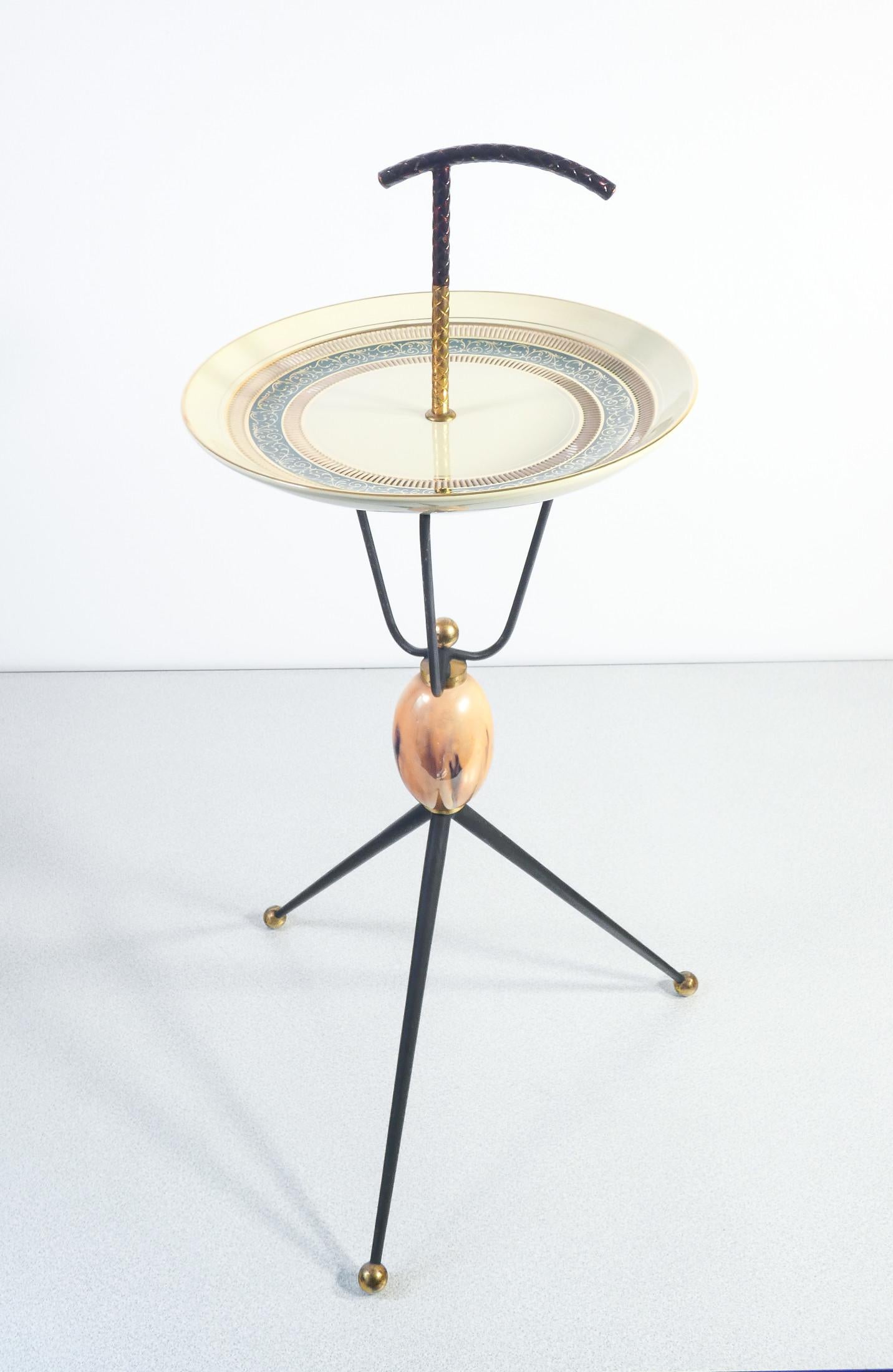 Mid-20th Century Ceramic and metal smoking set on tripod table. Italy, 1950s/60s For Sale