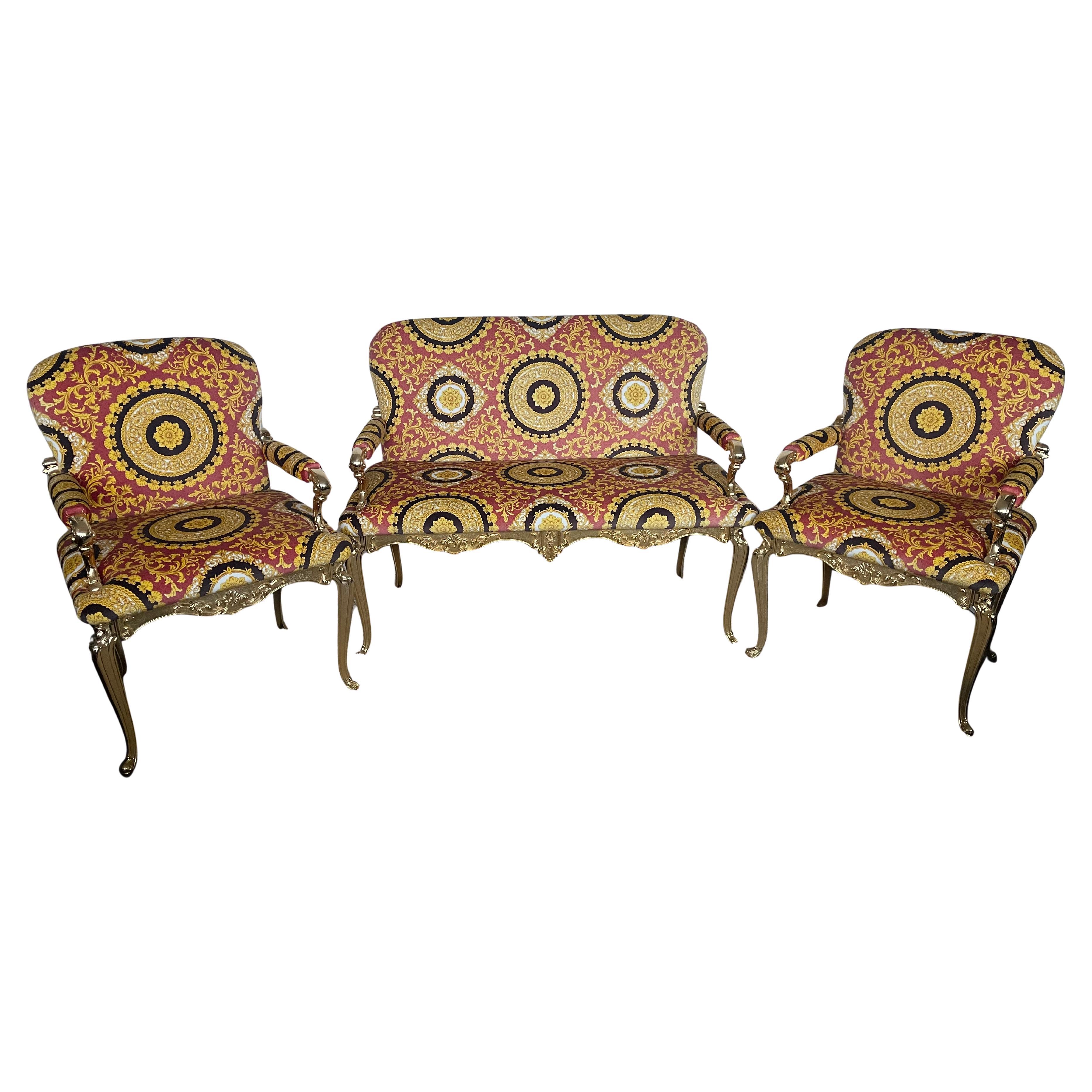 Italian art nouveau style 1970s bronze sofa and two armchairs living room set
