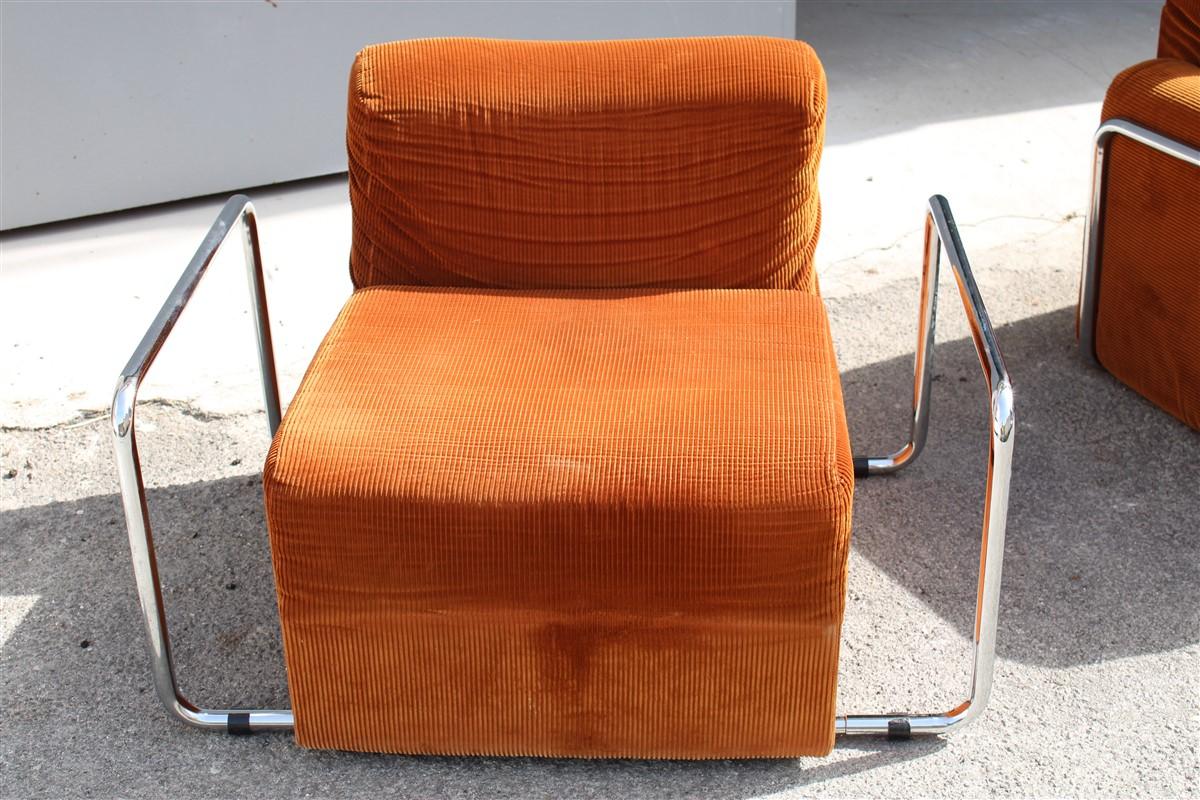 1970 Italian Living Room Set in Orange Velvet and Minimal Steel  For Sale 12