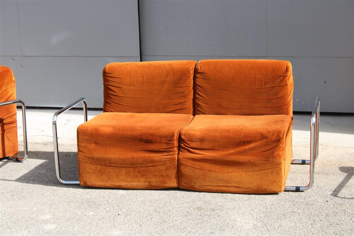 1970 Italian Living Room Set in Orange Velvet and Minimal Steel  For Sale 15