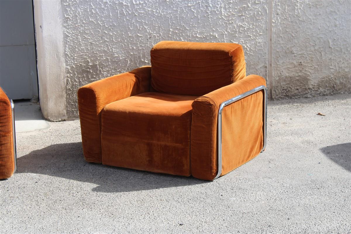 Mid-Century Modern 1970 Italian Living Room Set in Orange Velvet and Minimal Steel  For Sale