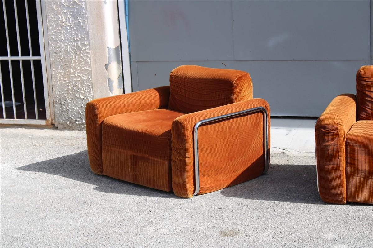 Late 20th Century 1970 Italian Living Room Set in Orange Velvet and Minimal Steel  For Sale
