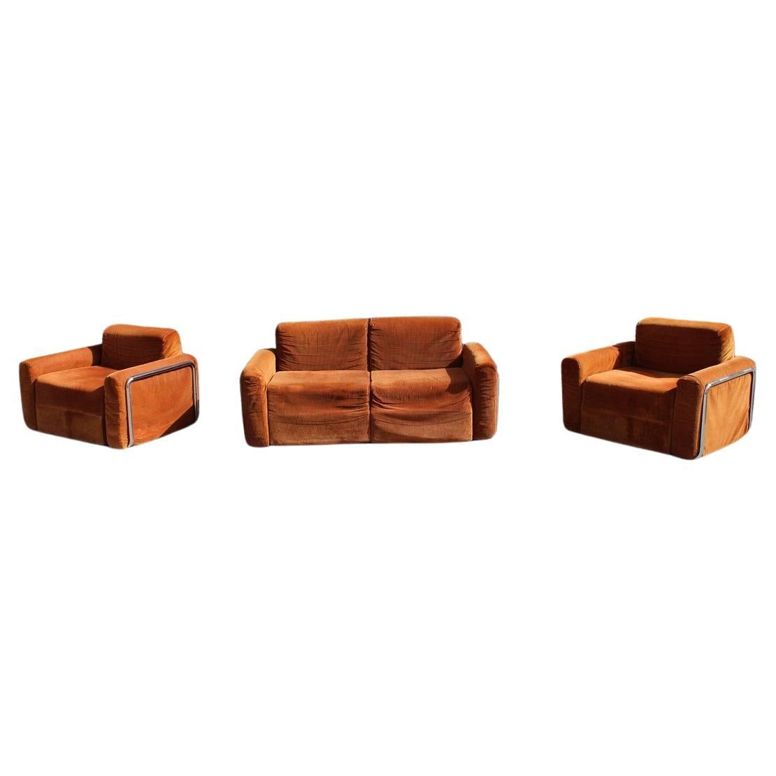 1970 Italian Living Room Set in Orange Velvet and Minimal Steel  For Sale