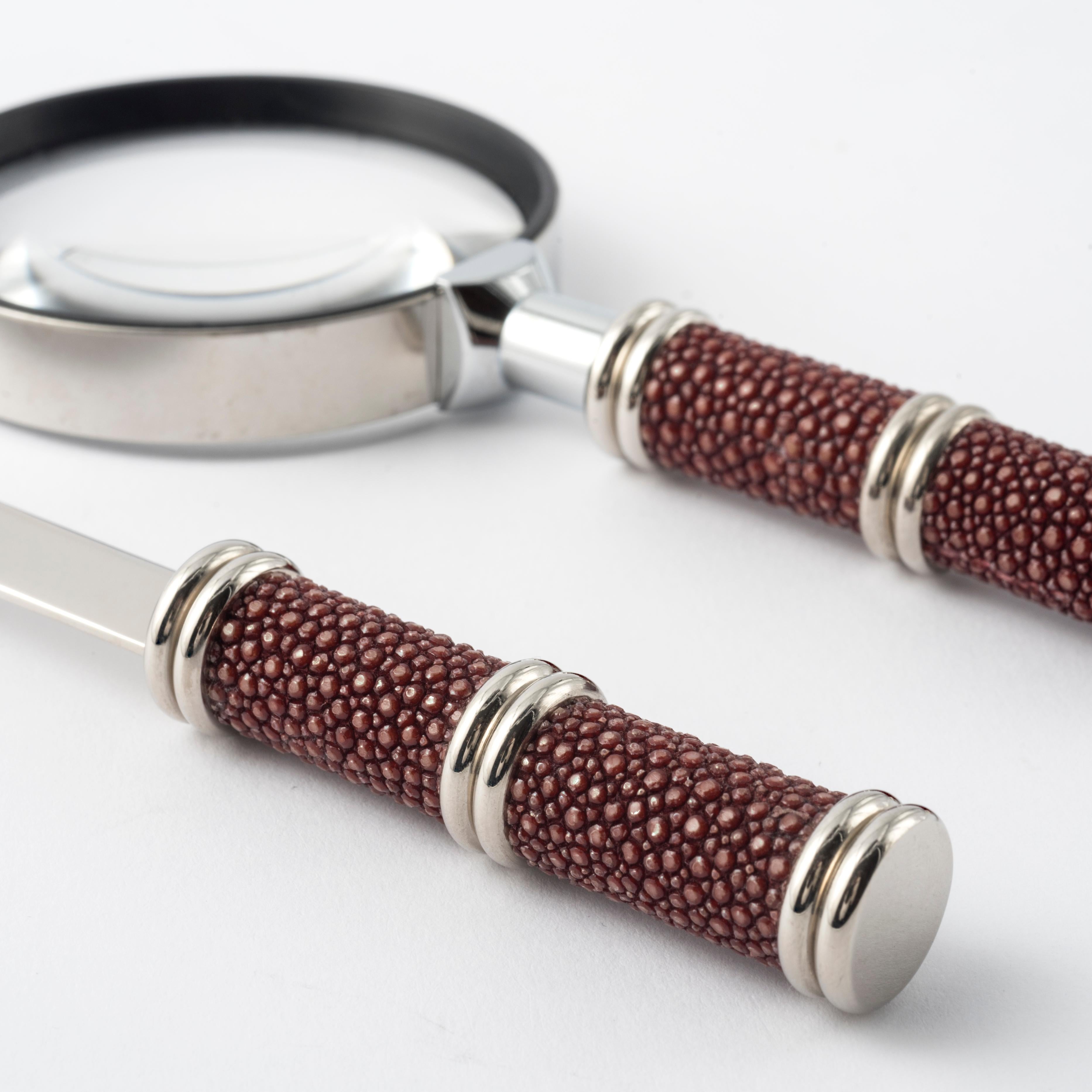 Art Deco Bordeaux Shagreen Leather Desk Set - Luxury Lens and Letter Opener For Sale