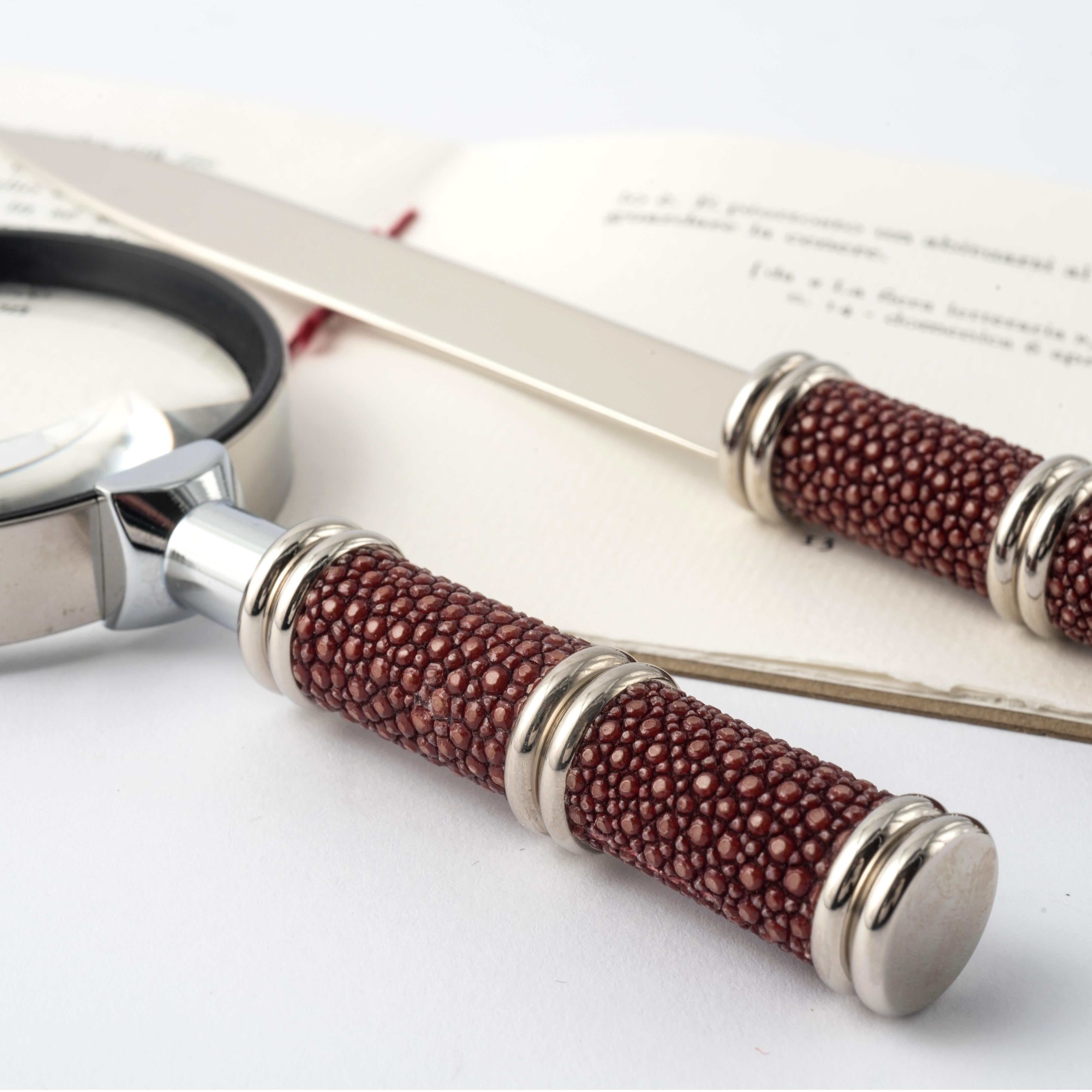 Italian Bordeaux Shagreen Leather Desk Set - Luxury Lens and Letter Opener For Sale