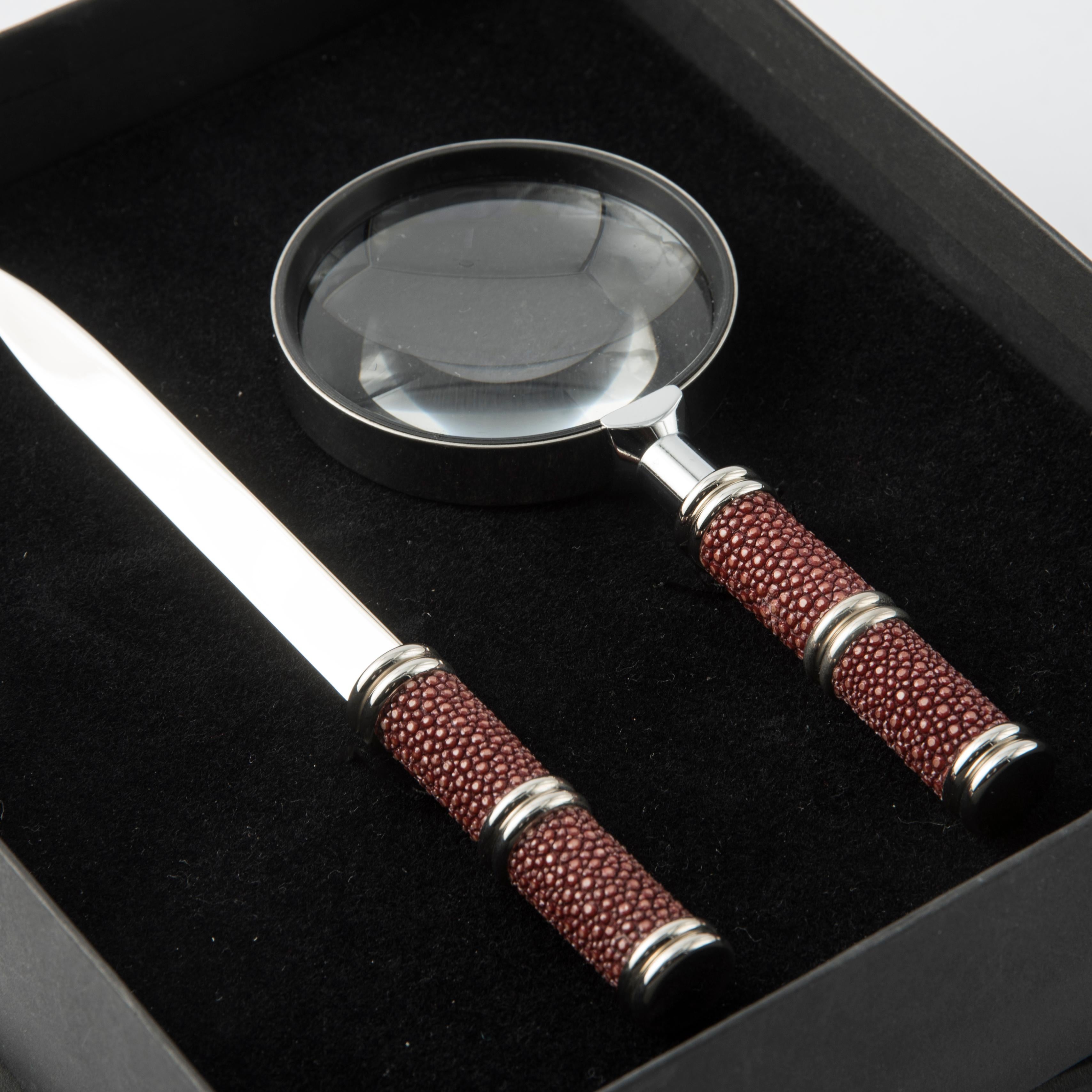 Hand-Crafted Bordeaux Shagreen Leather Desk Set - Luxury Lens and Letter Opener For Sale