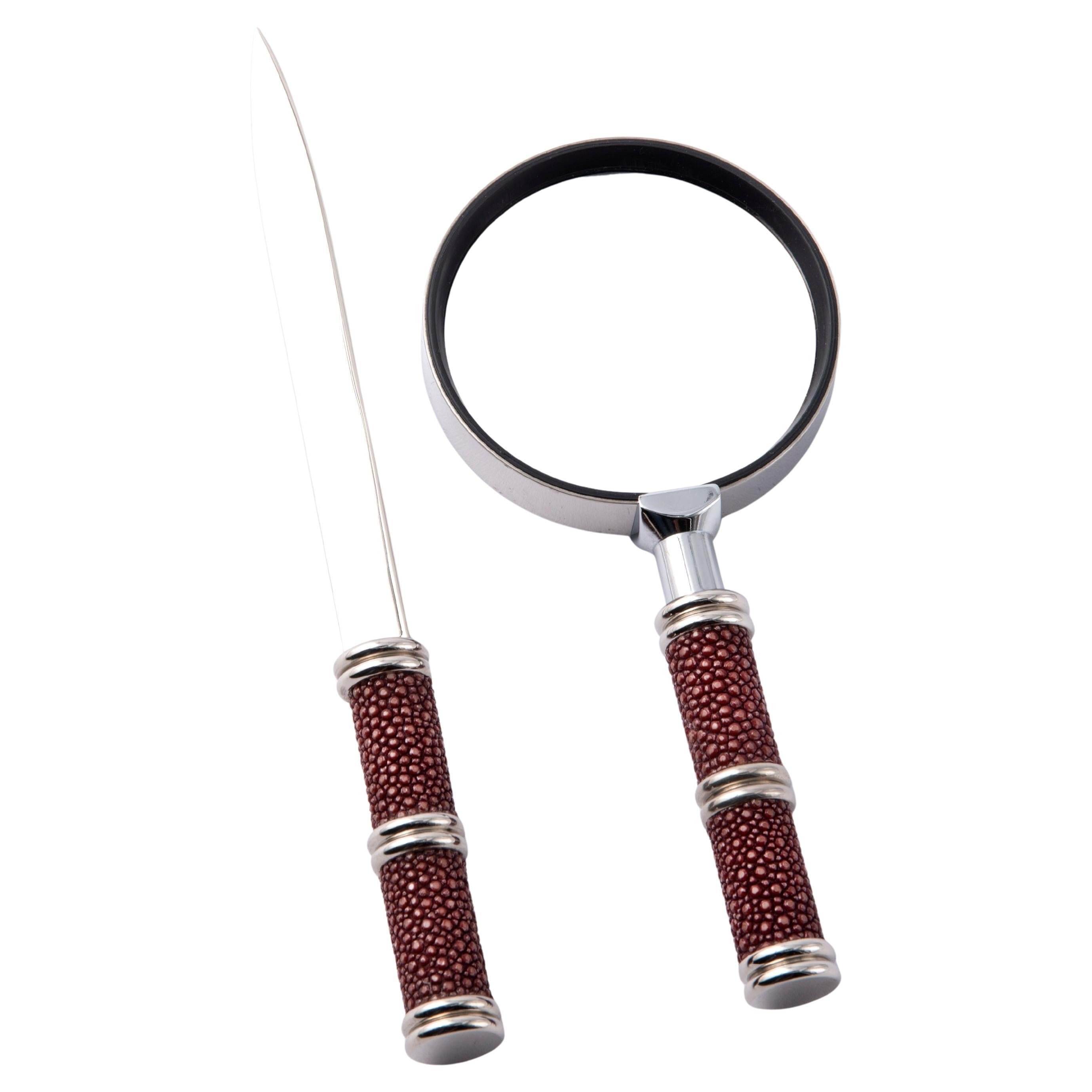 Set de bureau en cuir galuchat bordeaux - Lentille de luxe et ouvre-lettres