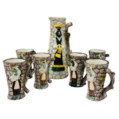 Set da tavola Nuraghi di Sardegna brocca /6 boccali ceramica dipinta a mano '60