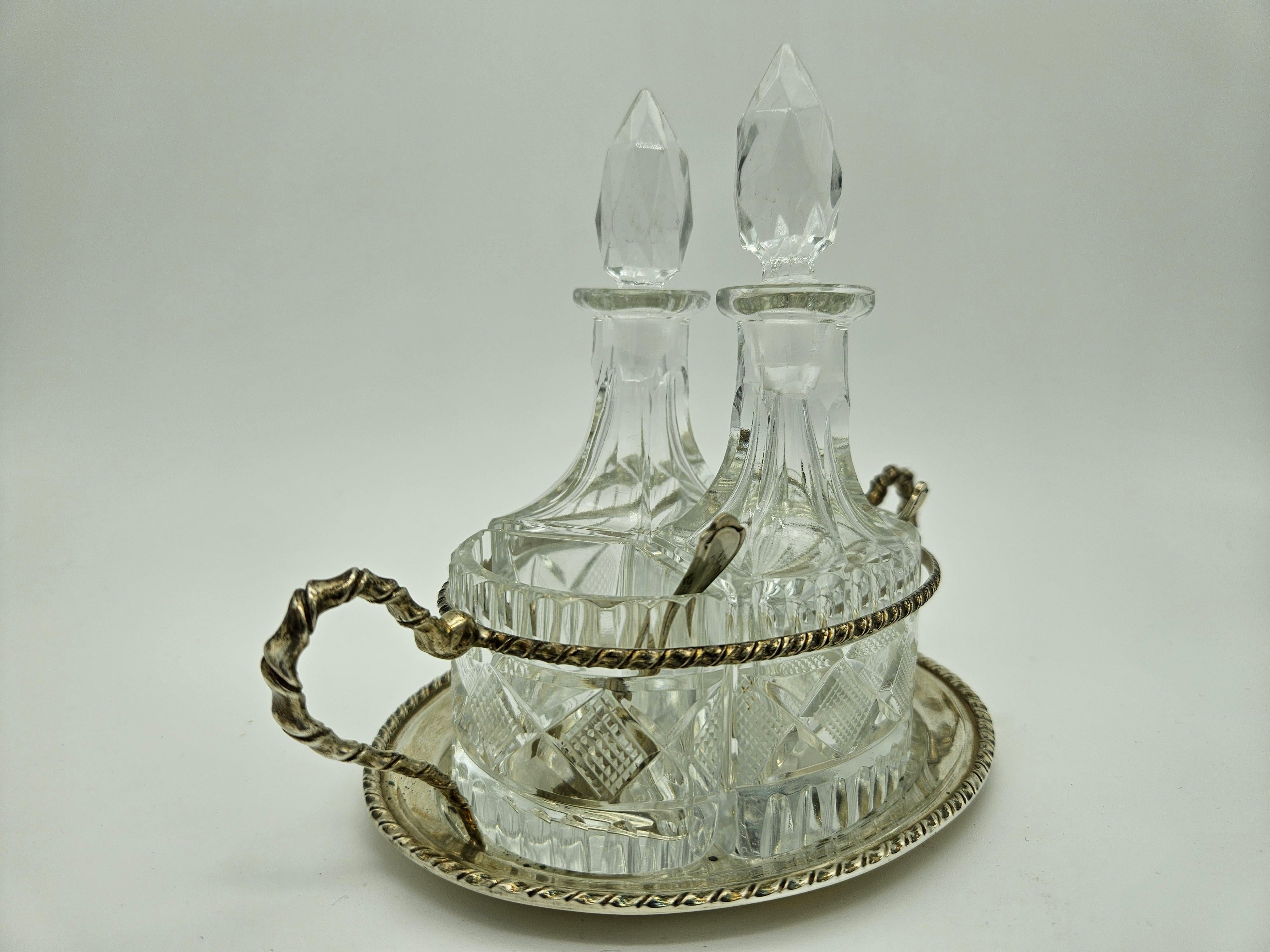Neoclassical Revival Glass and silver oil and vinegar table set 20th century For Sale