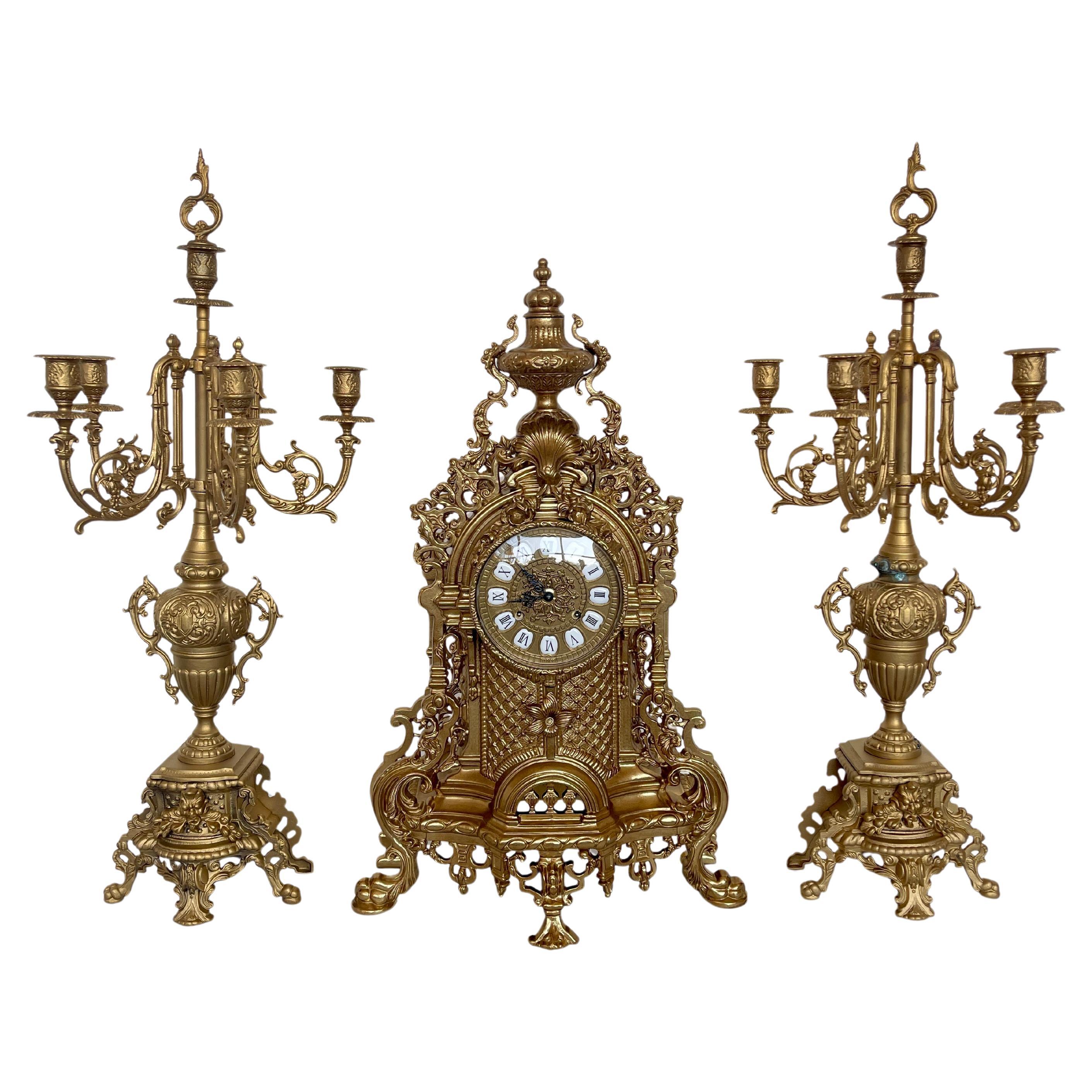 Set de Lujo reloj de sobremesa mecánico de bronce barroco años 70 nuevo