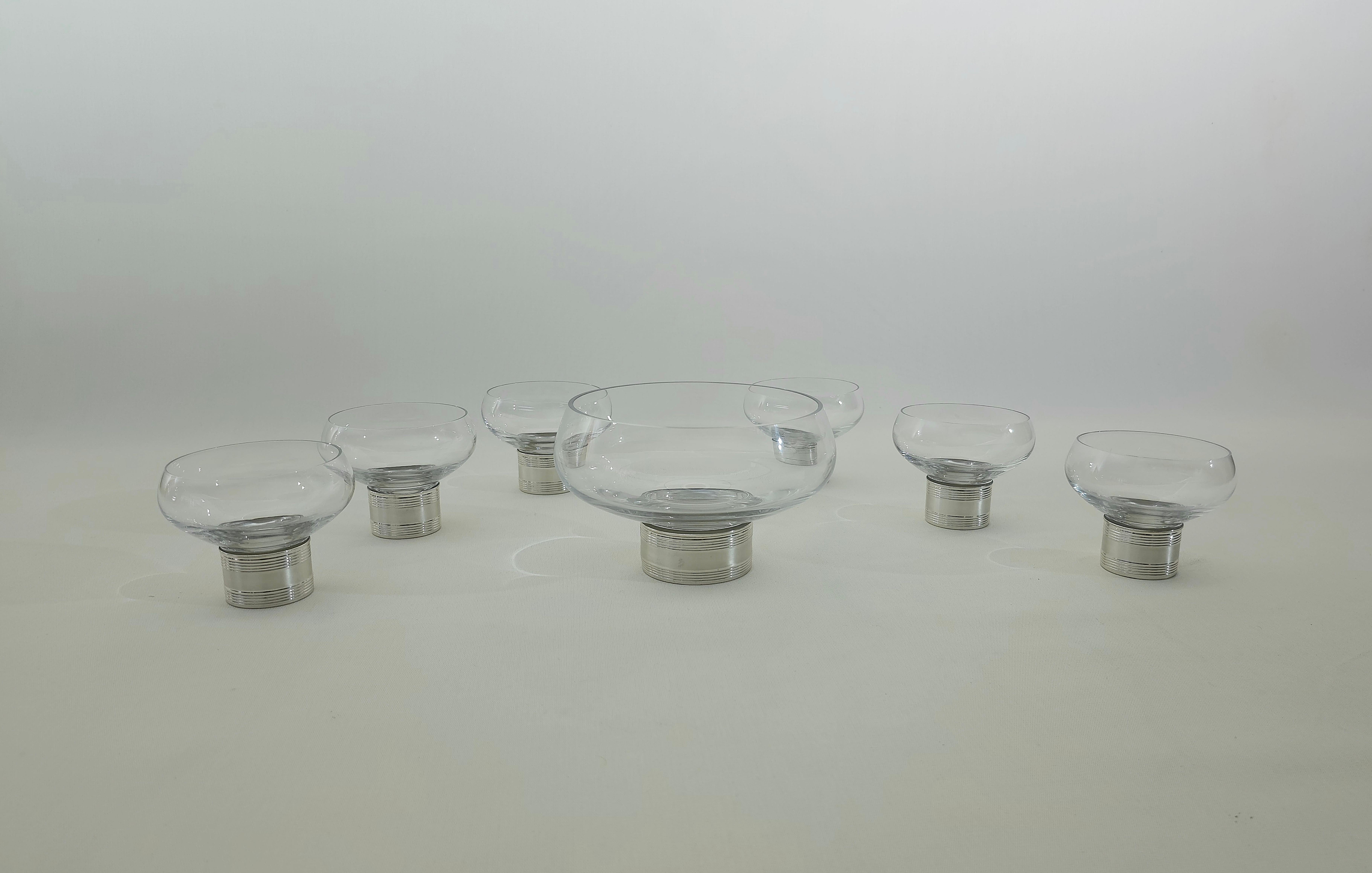 Set Dessert-Kristallglas Silber 800 Midcentury Italienisches Design 1970er Jahre (Moderne der Mitte des Jahrhunderts) im Angebot