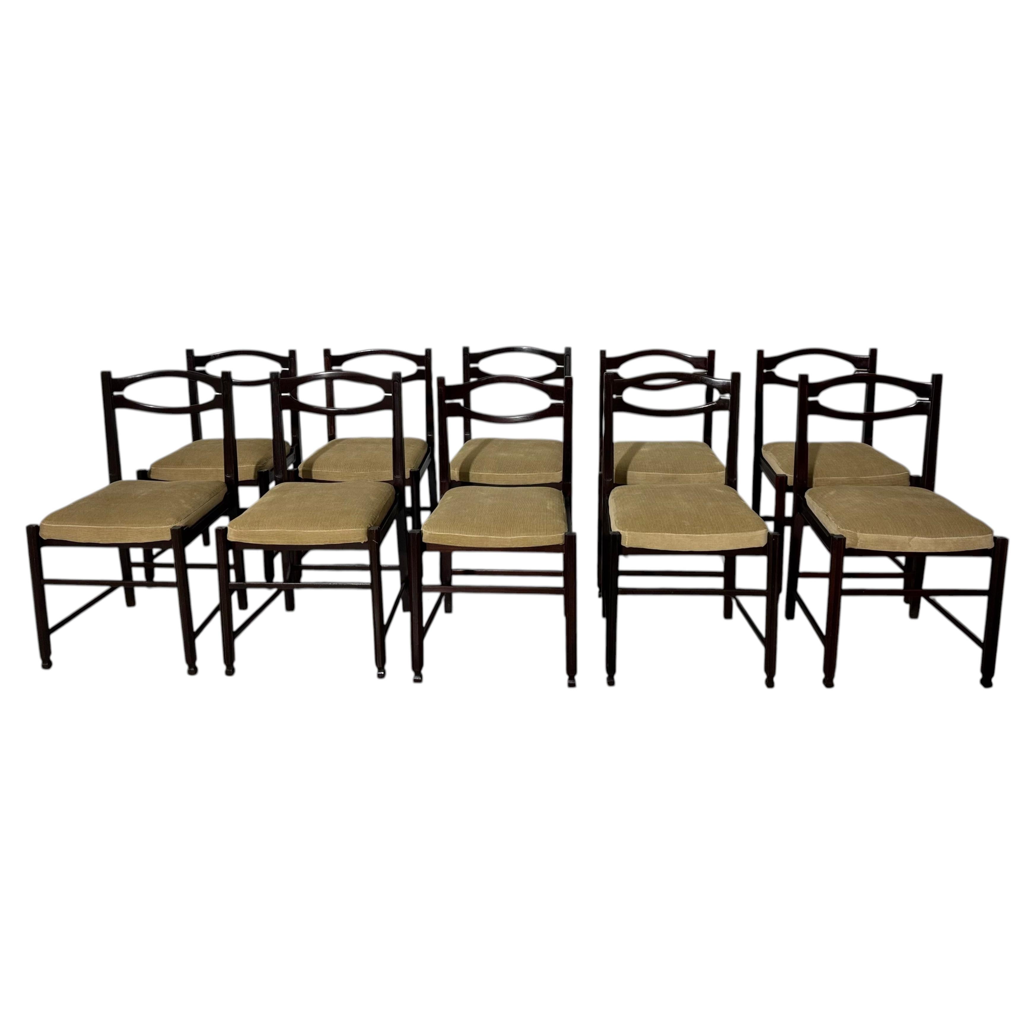 Set of 10 Mid-Century Italian wooden dining chairs, 1970s