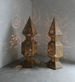 Set of 2 large perforated metal tower lamps, Morocco, 1980s