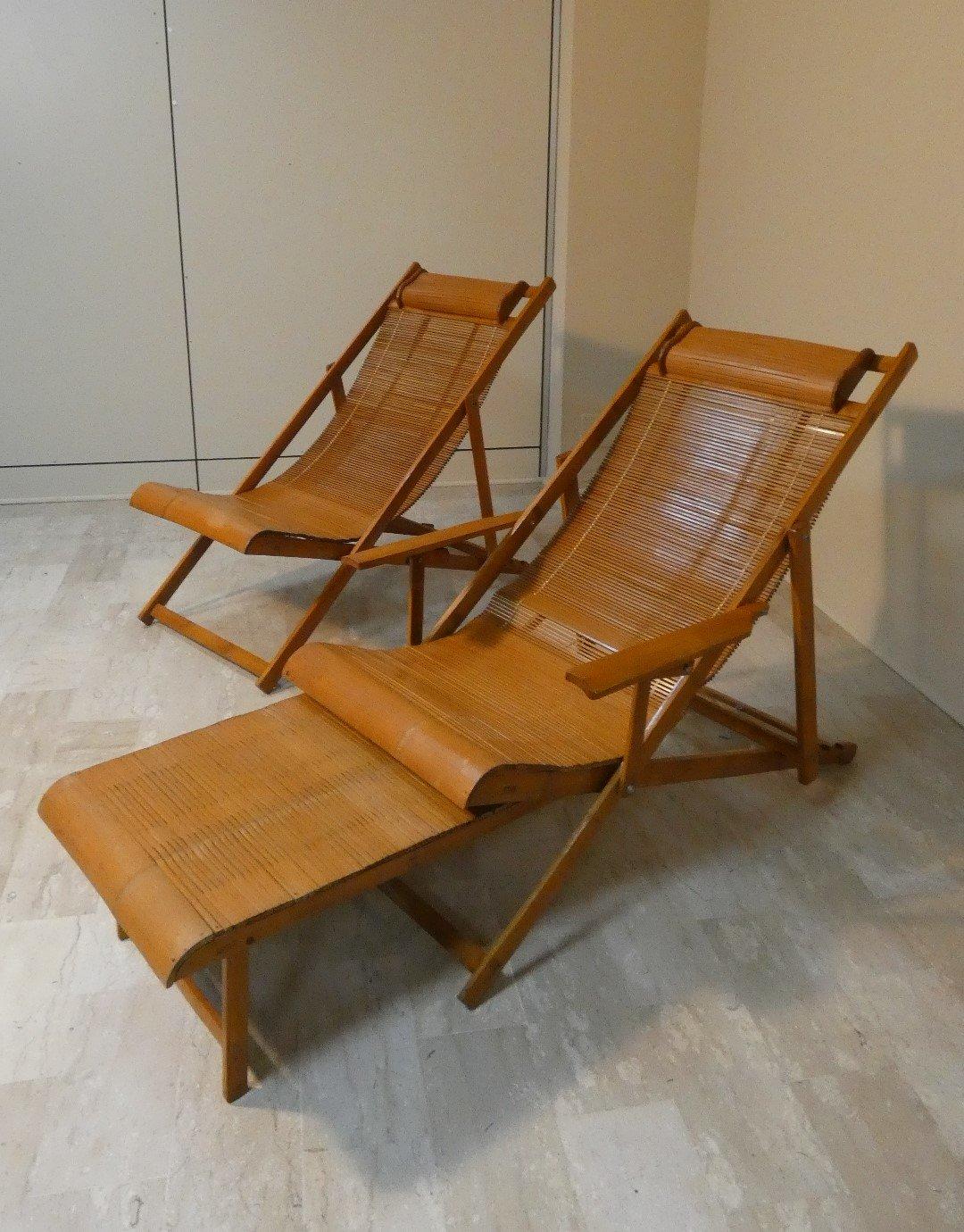 Anglo-Japanese Set of 2 Bamboo Folding Lounger and Chaise Chairs, Japan