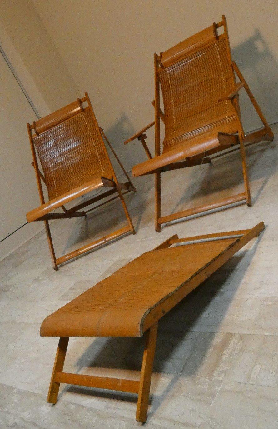 Set of 2 Bamboo Folding Lounger and Chaise Chairs, Japan 1