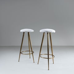 Set of 2 brass stools new white upholstery, 1970s
