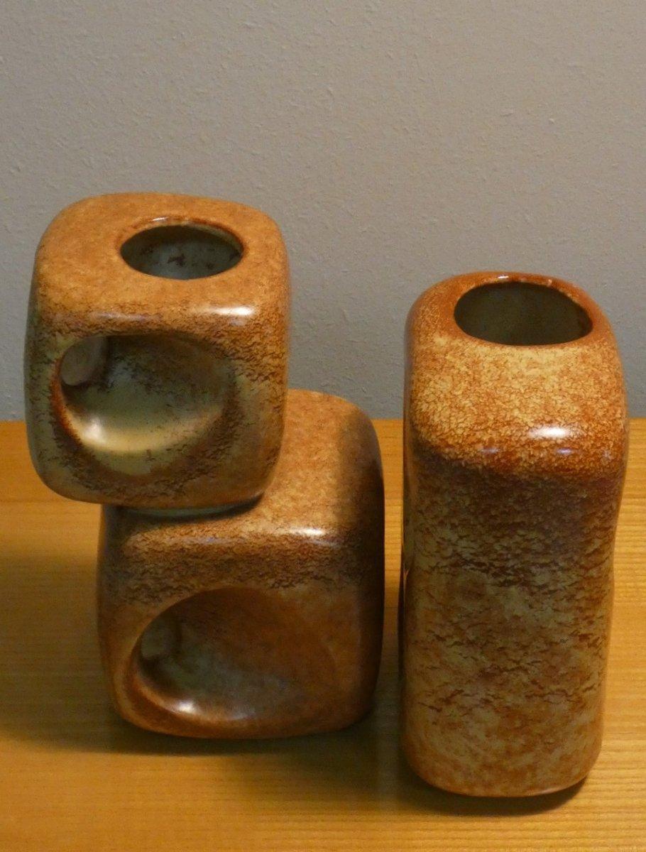 Mid-Century Modern Set of 2 Geometric Vases by Roberto Rigon for Bertoncello Ceramiche D'arte For Sale