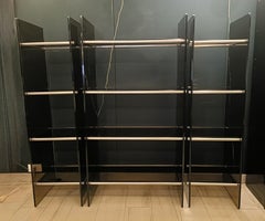 Set of 3 Etagere Bookcases in Metal and Fume Glass, Italy 1970s